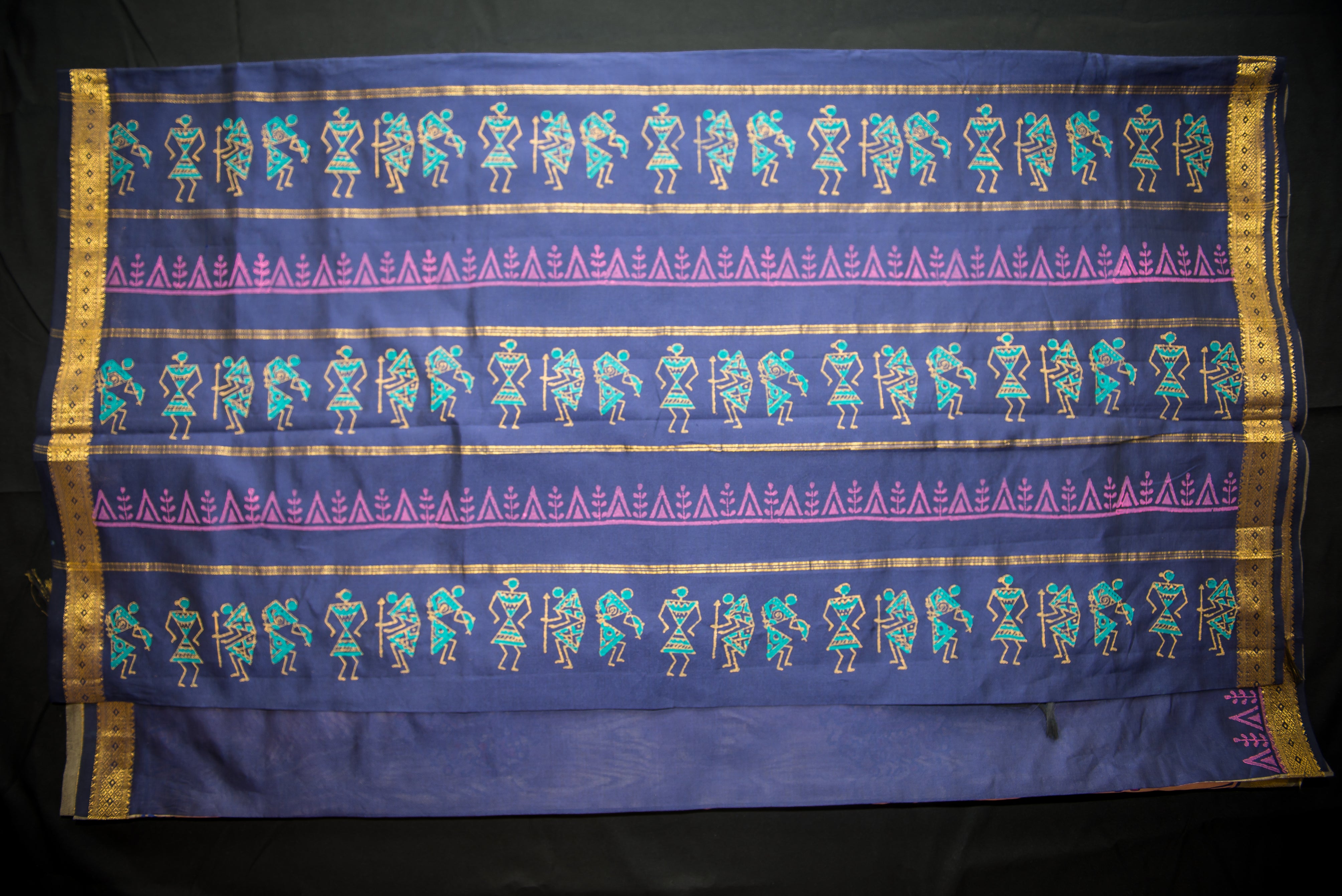 Dual-Tone Pink Blockprint Silk Cotton Saree with a Navy Blue Pallu