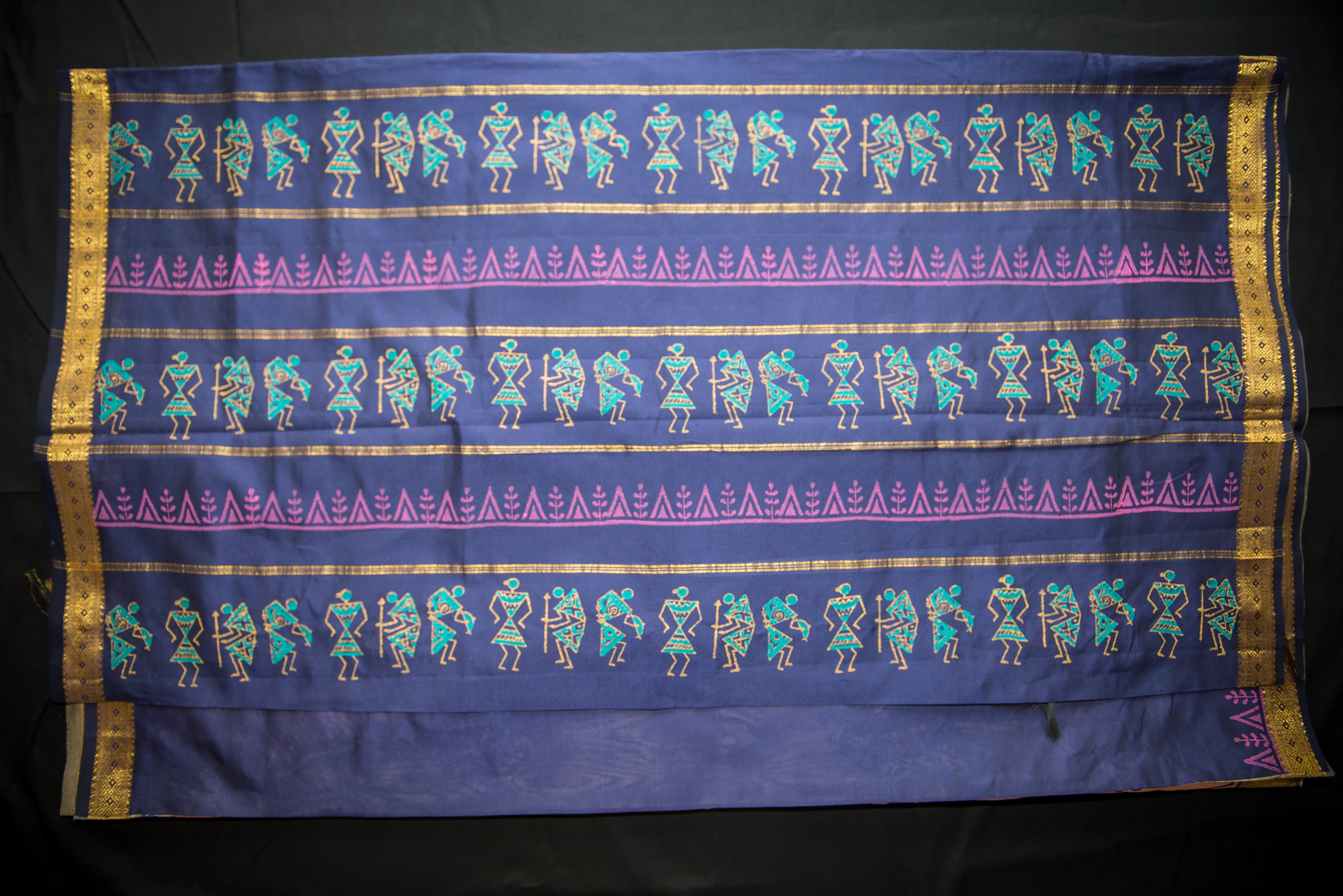 Dual-Tone Pink Blockprint Silk Cotton Saree with a Navy Blue Pallu