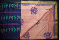 Dual-Tone Pink Blockprint Silk Cotton Saree with a Navy Blue Pallu