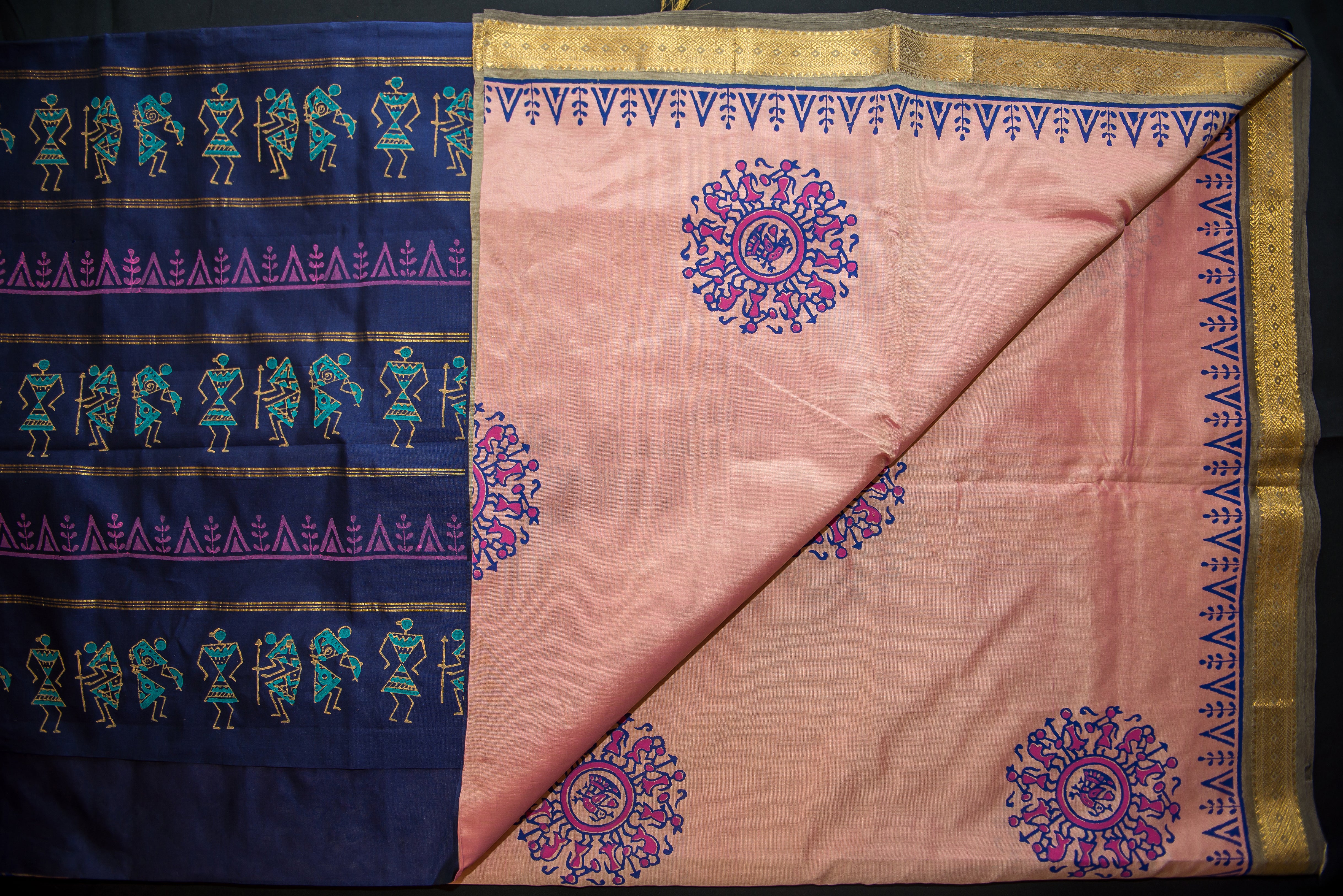 Dual-Tone Pink Blockprint Silk Cotton Saree with a Navy Blue Pallu