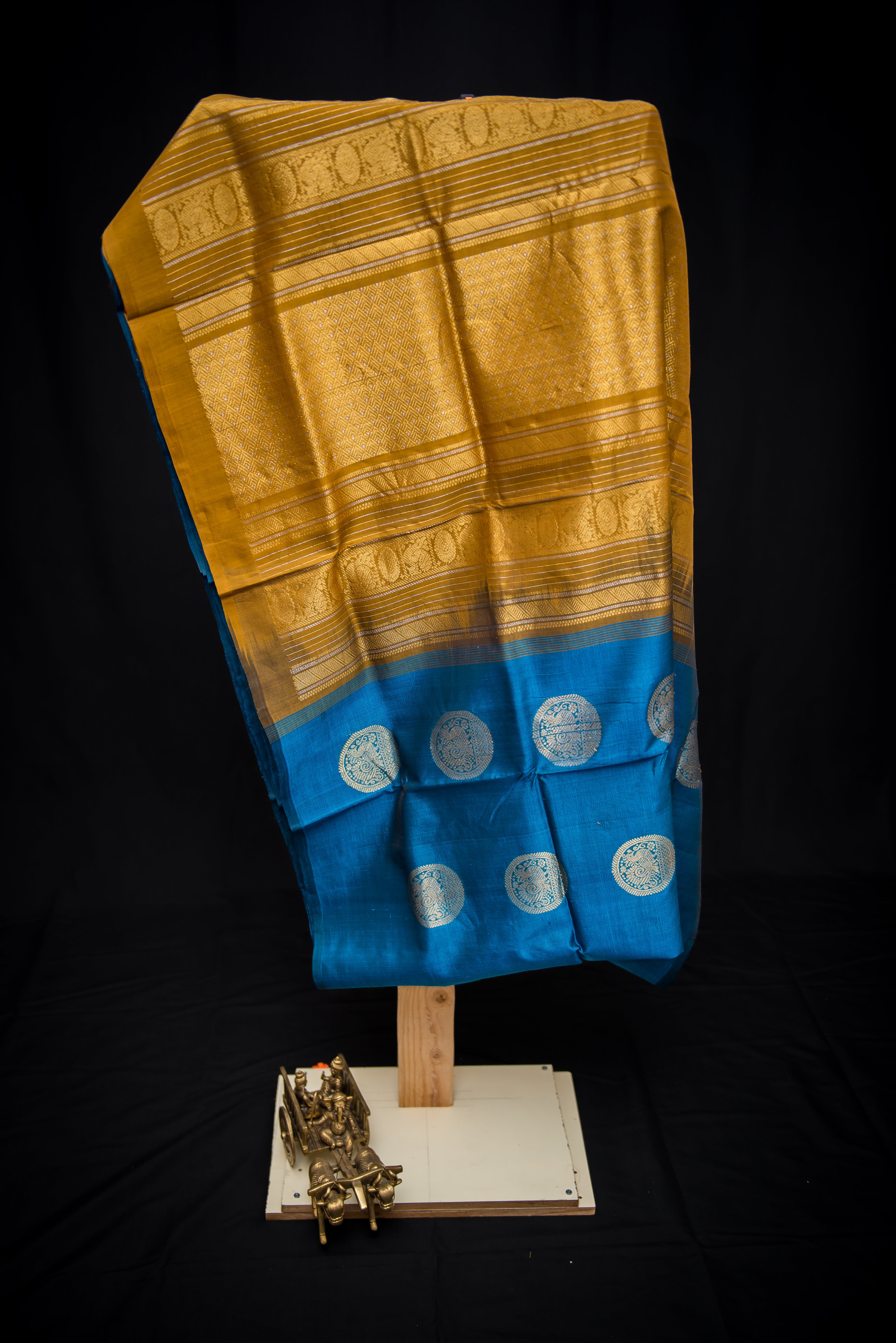 Regal Blue Handloom Silk Cotton Saree with a Mustard-Golden Pallu