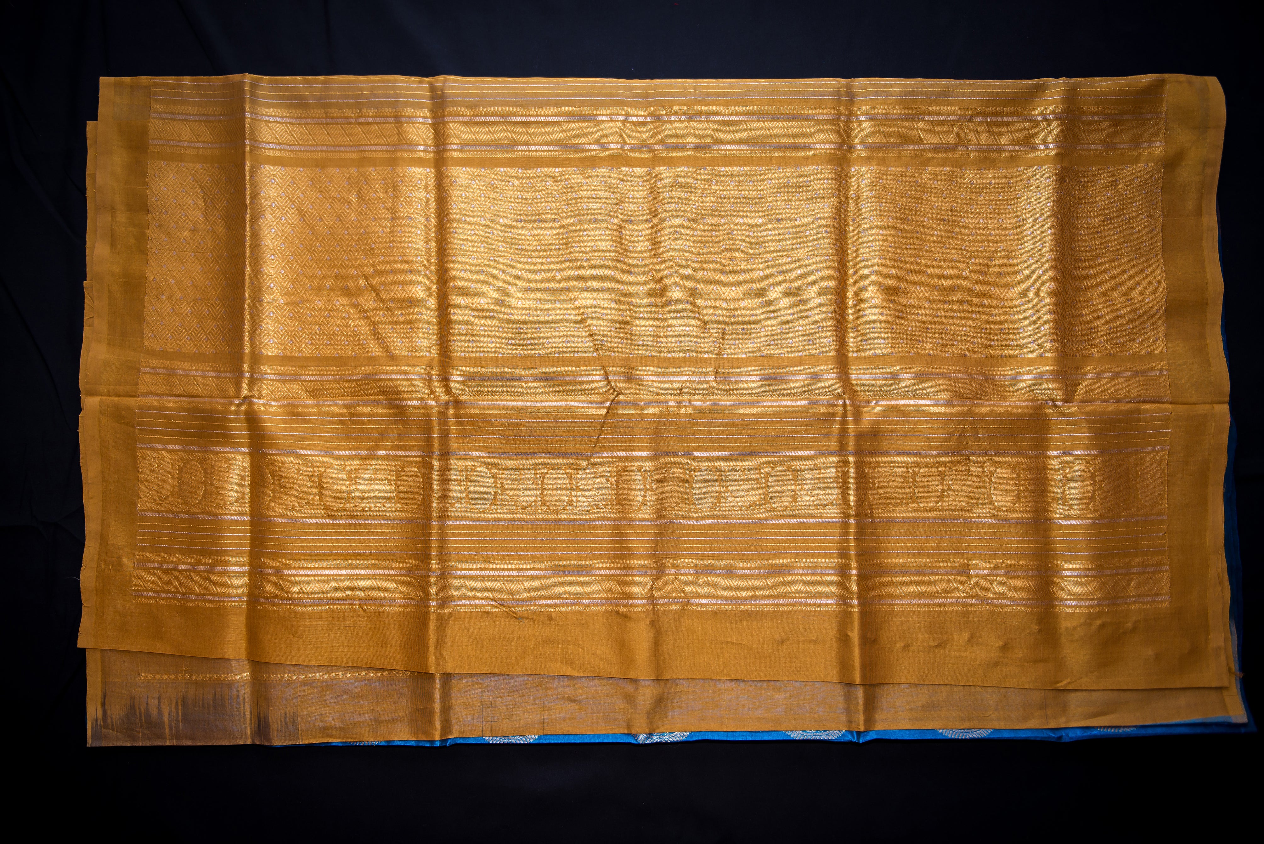 Regal Blue Handloom Silk Cotton Saree with a Mustard-Golden Pallu