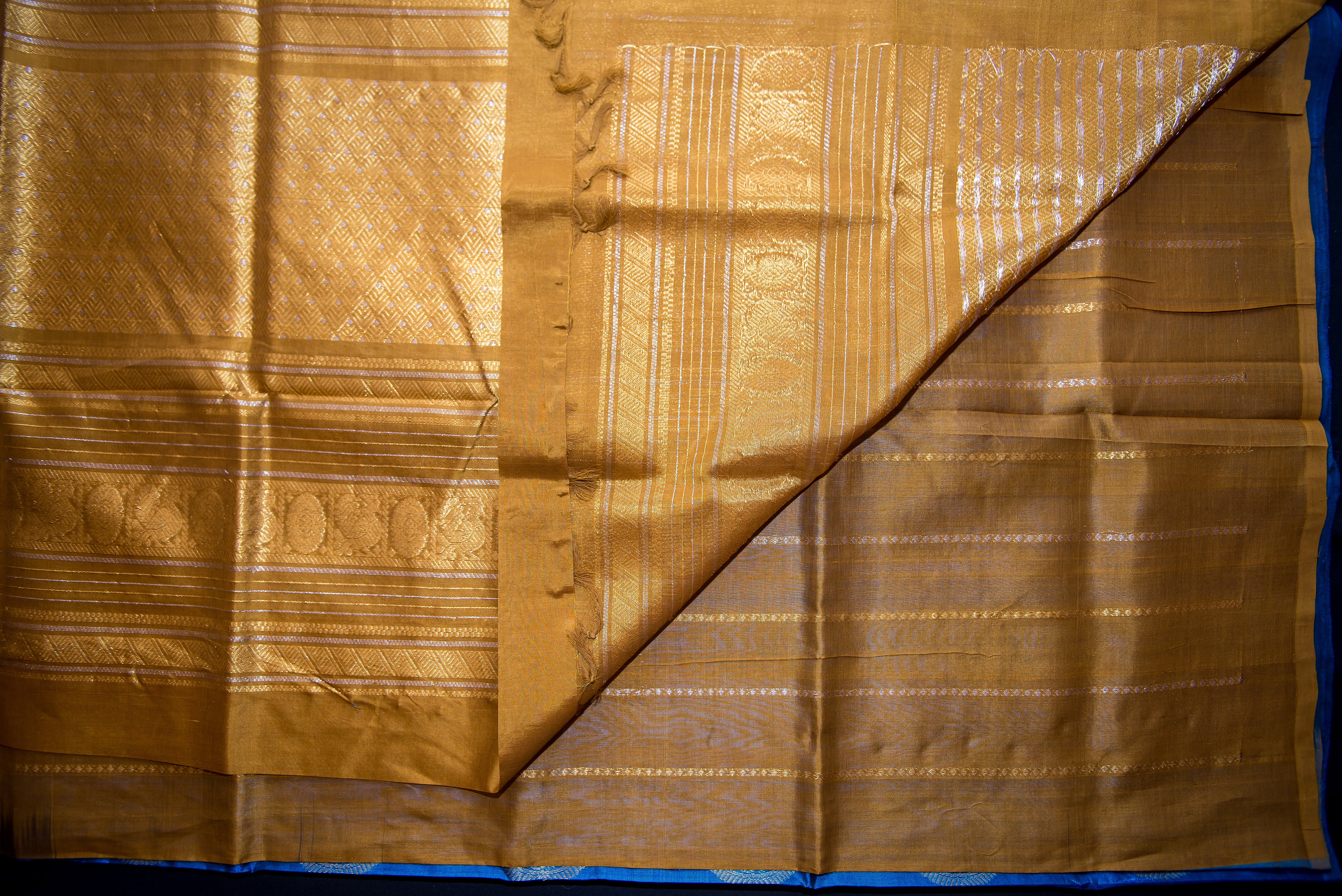 Regal Blue Handloom Silk Cotton Saree with a Mustard-Golden Pallu