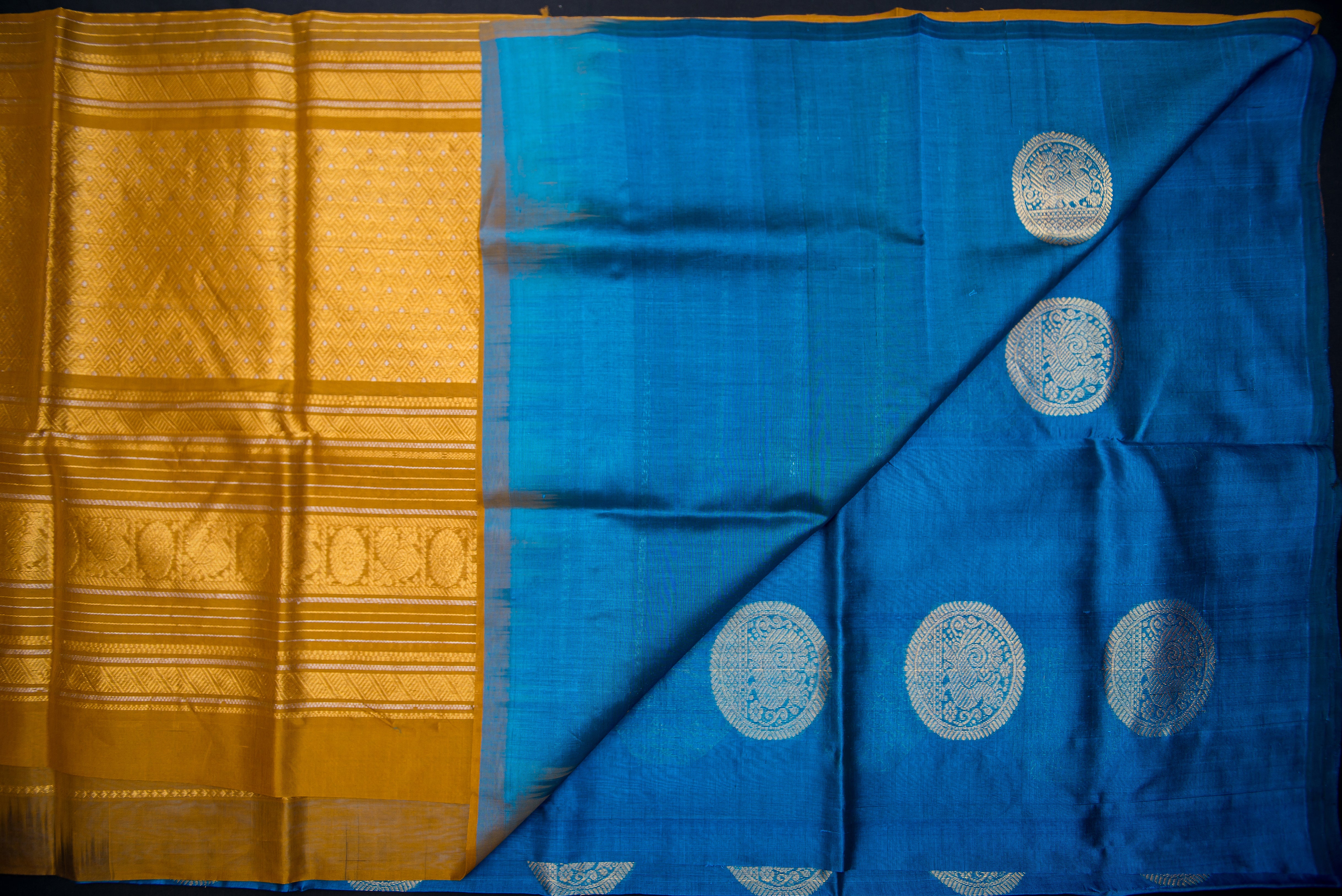 Regal Blue Handloom Silk Cotton Saree with a Mustard-Golden Pallu