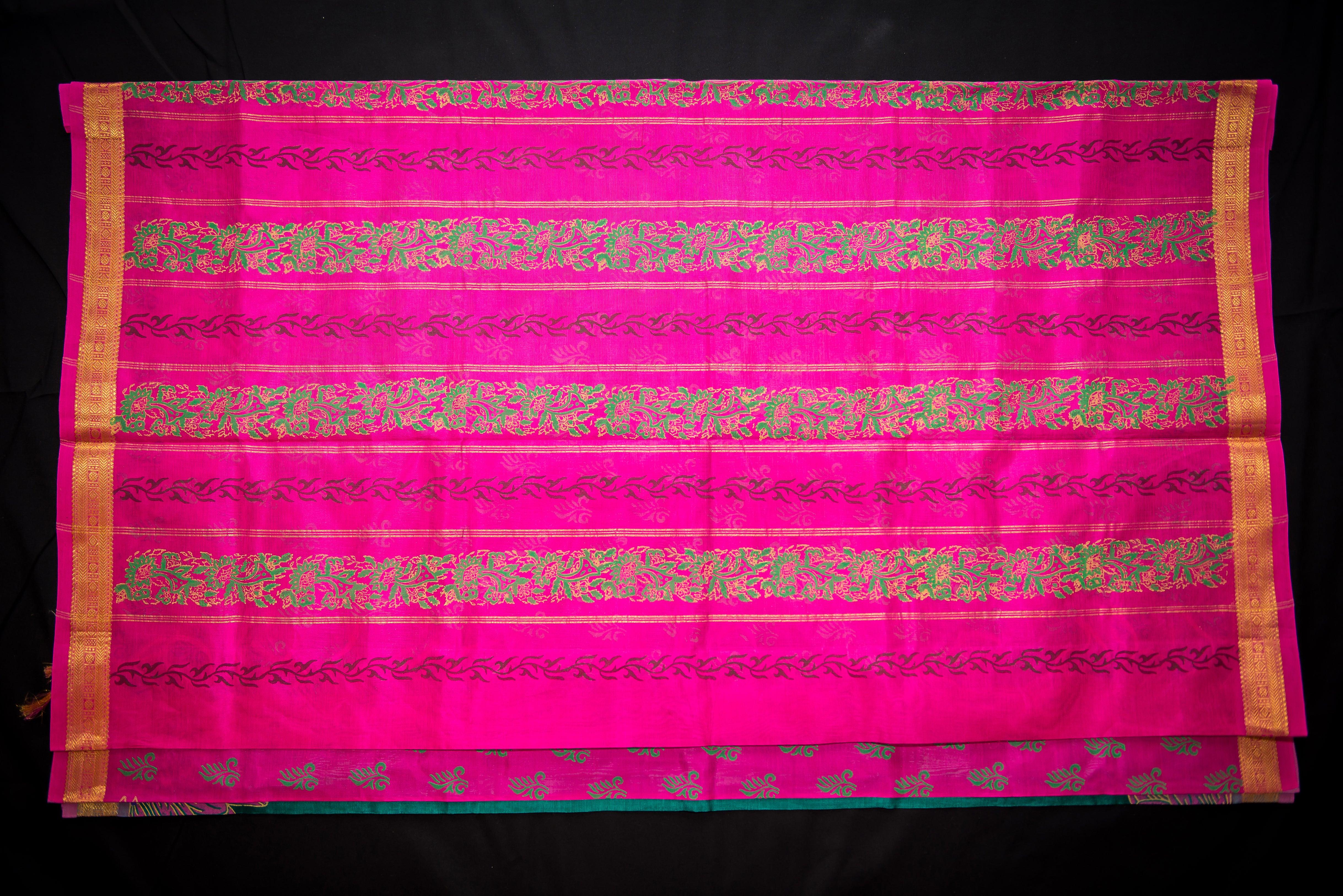 Vibrant Bottle Green Blockprint Silk Cotton Saree with Shocking Pink Pallu