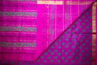 Vibrant Bottle Green Blockprint Silk Cotton Saree with Shocking Pink Pallu