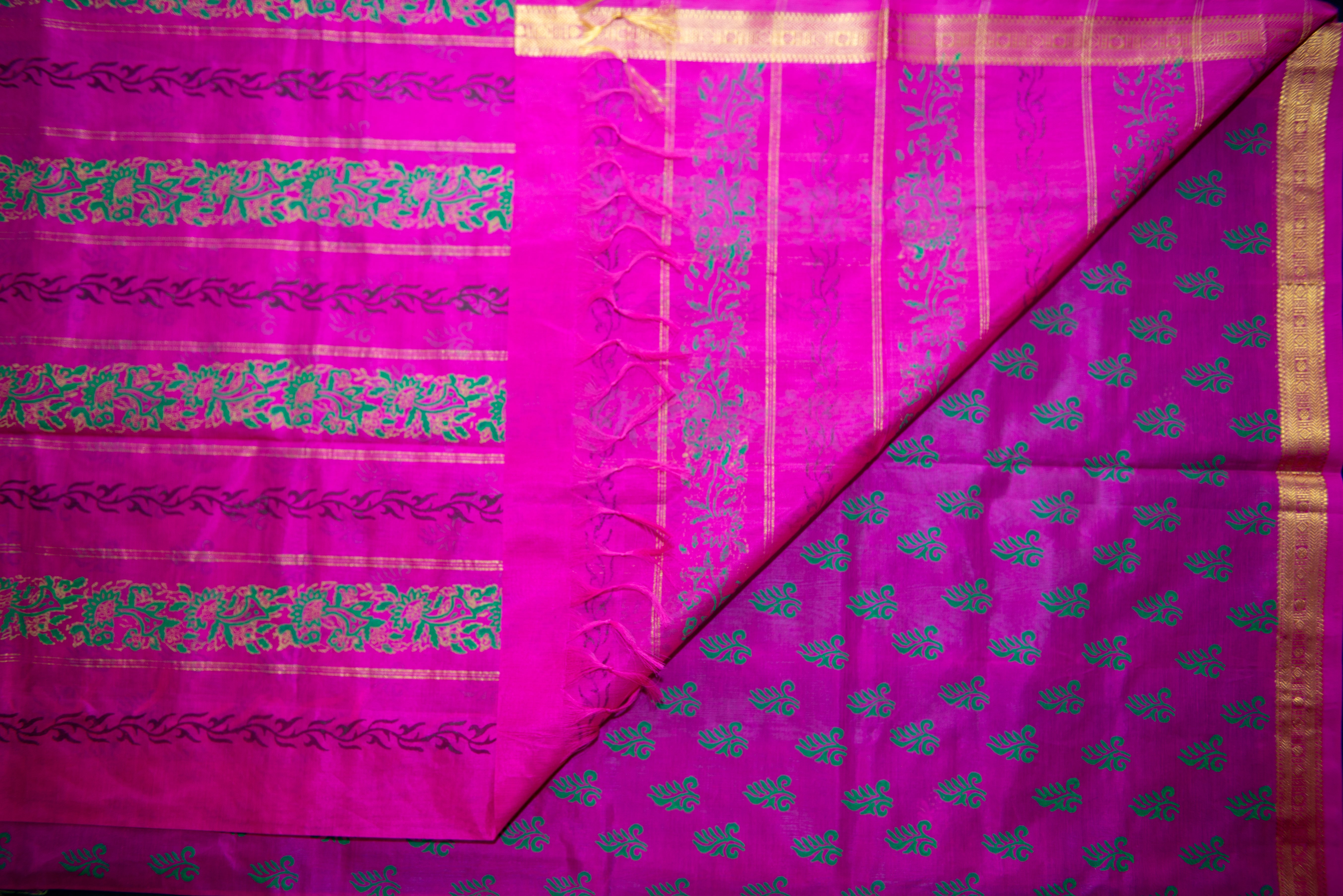 Vibrant Bottle Green Blockprint Silk Cotton Saree with Shocking Pink Pallu
