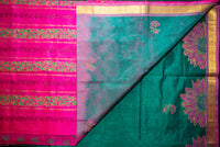 Vibrant Bottle Green Blockprint Silk Cotton Saree with Shocking Pink Pallu