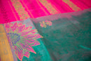Vibrant Bottle Green Blockprint Silk Cotton Saree with Shocking Pink Pallu