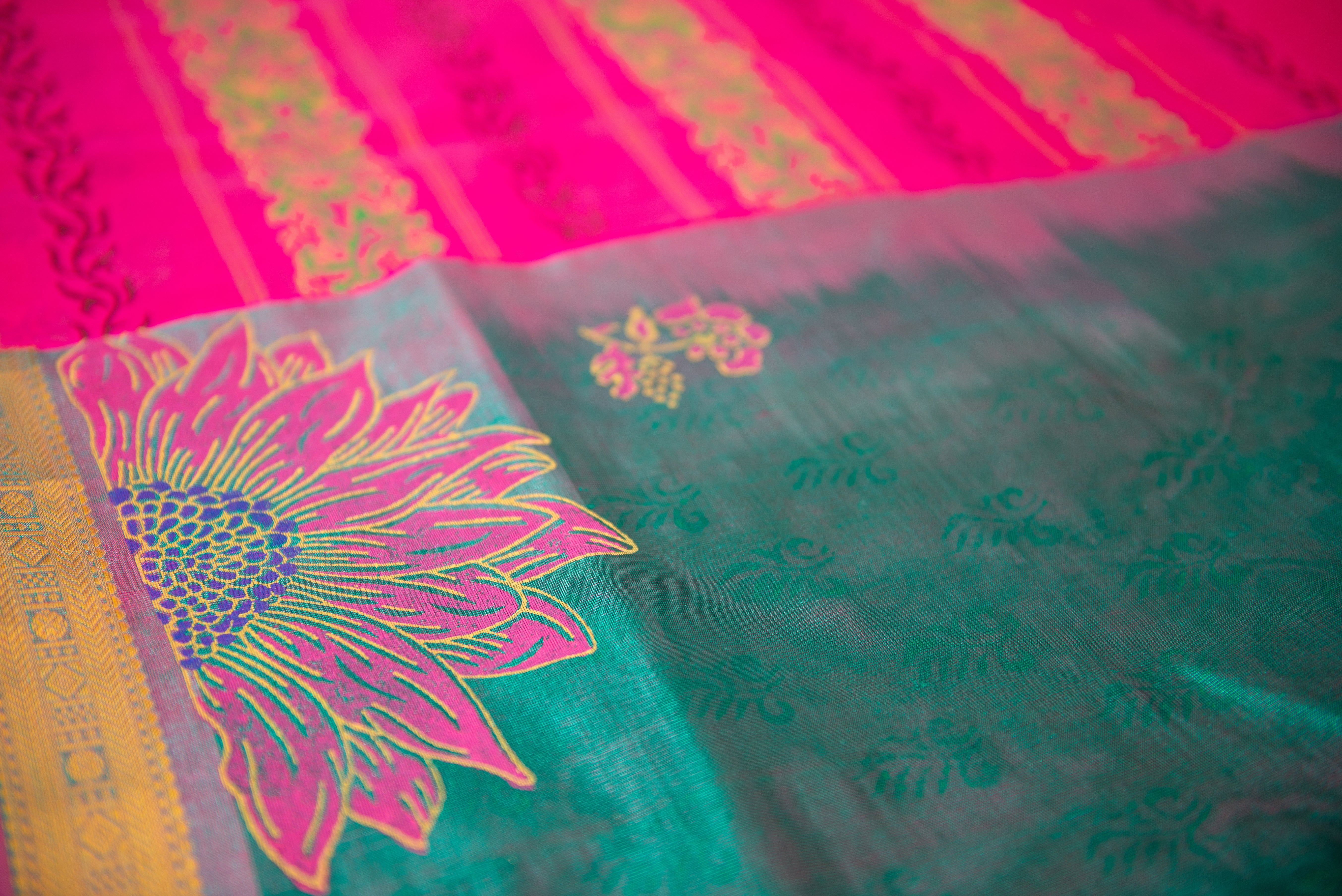 Vibrant Bottle Green Blockprint Silk Cotton Saree with Shocking Pink Pallu