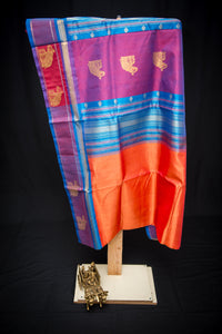 Fanta Orange Silk Cotton Saree with Blue and Purple Pallu