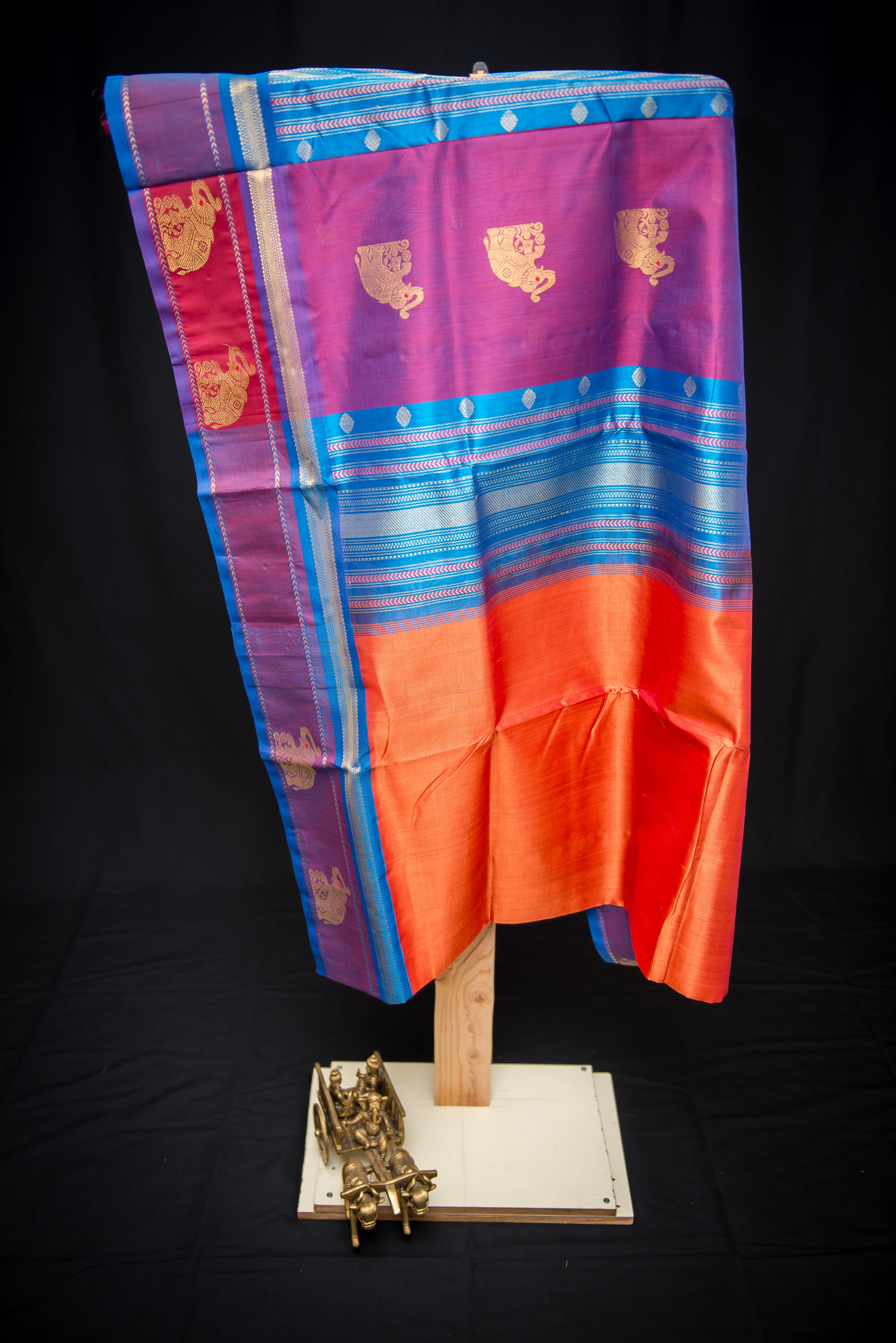 Fanta Orange Silk Cotton Saree with Blue and Purple Pallu