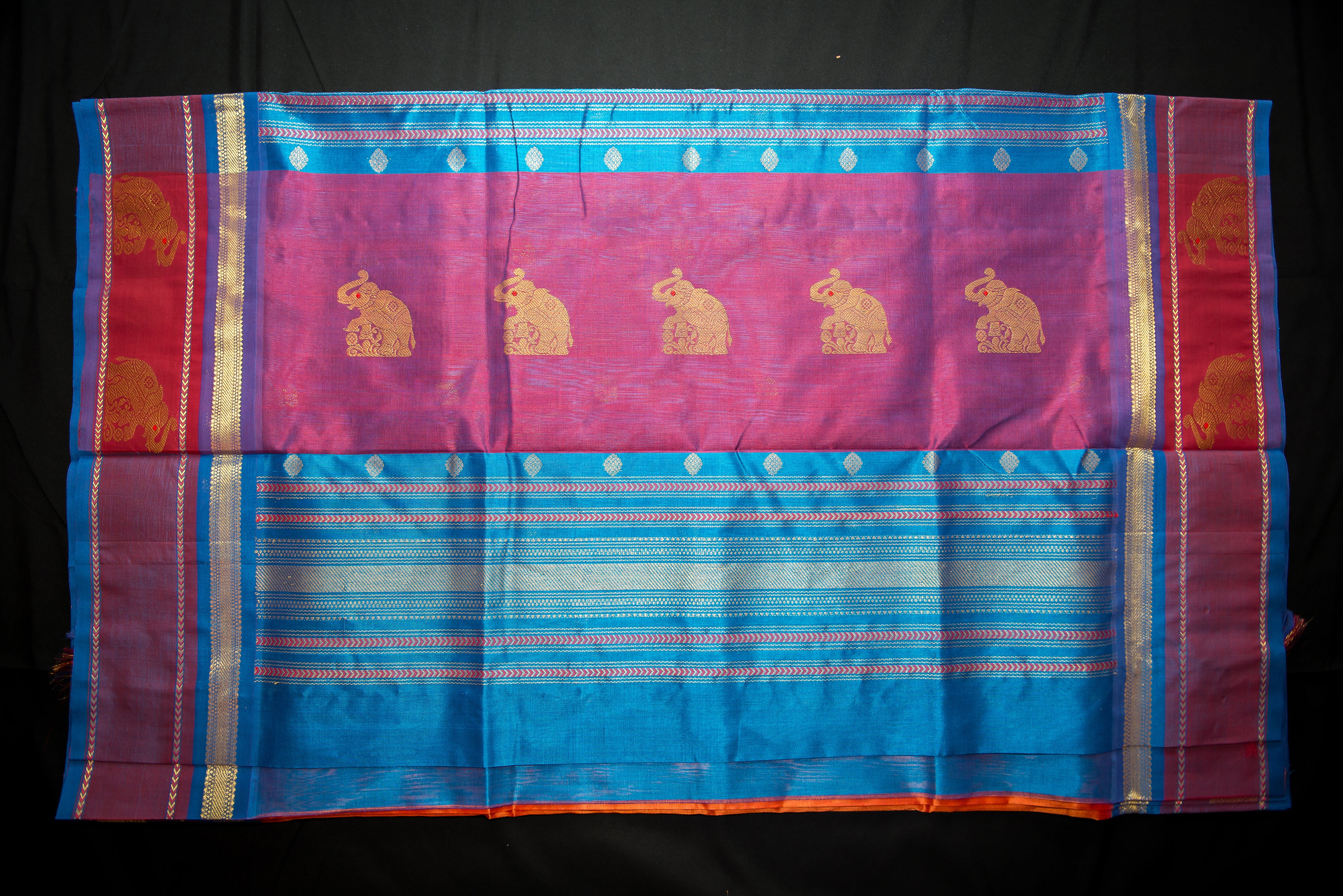 Fanta Orange Silk Cotton Saree with Blue and Purple Pallu