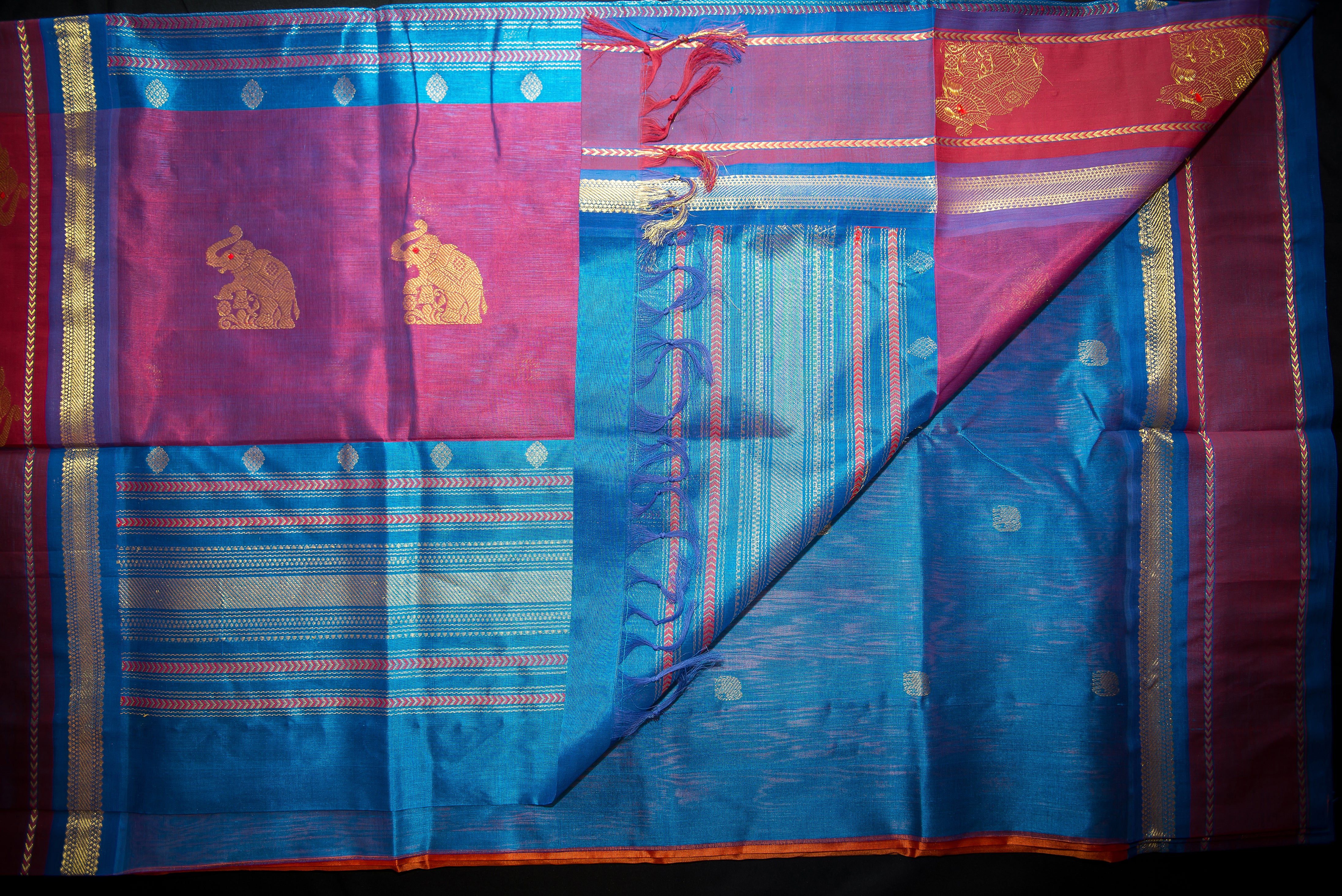 Fanta Orange Silk Cotton Saree with Blue and Purple Pallu