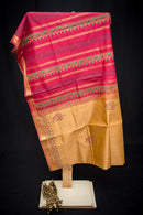 Biscuit Colored Blockprint Silk Cotton Saree with Red Pallu