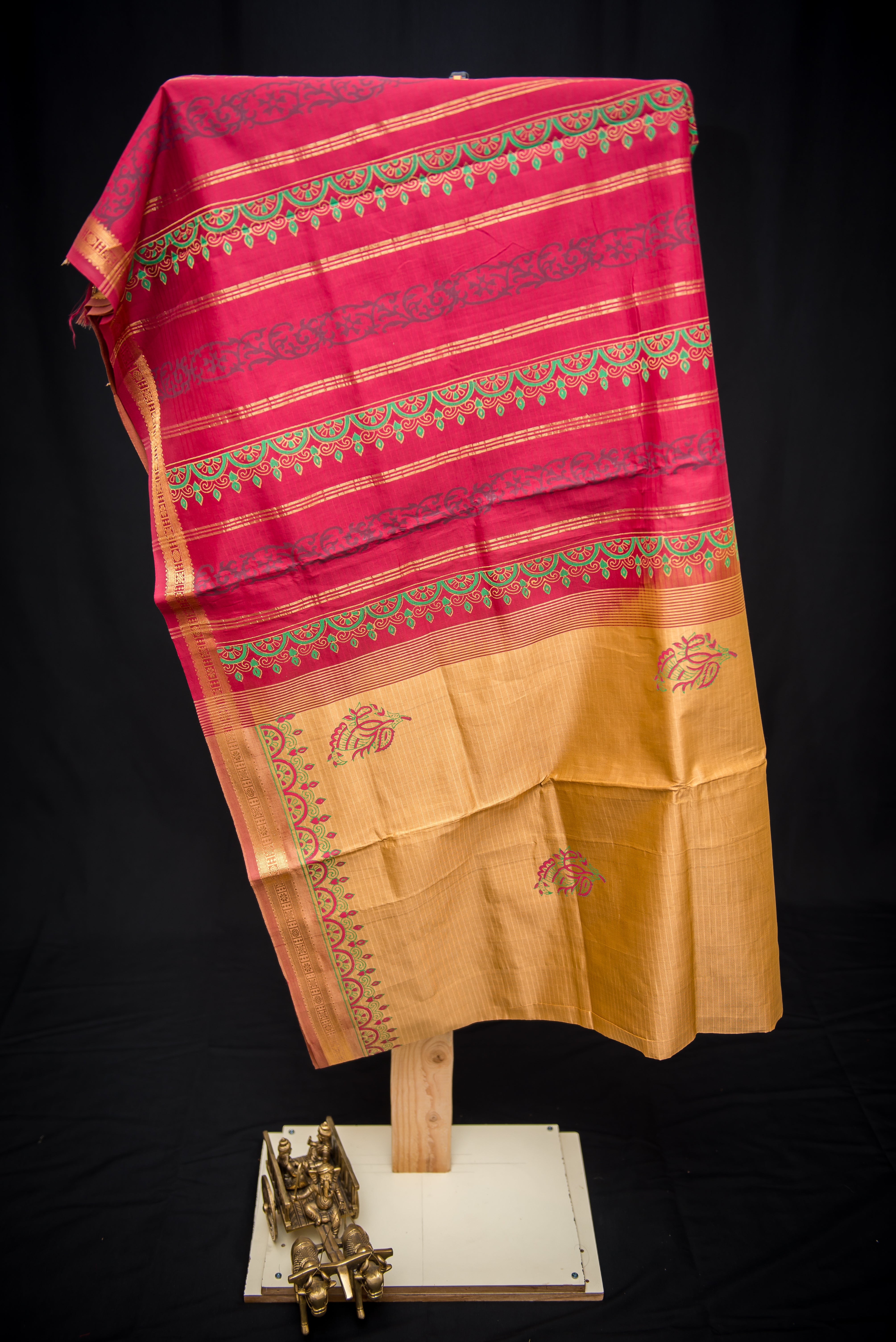 Biscuit Colored Blockprint Silk Cotton Saree with Red Pallu