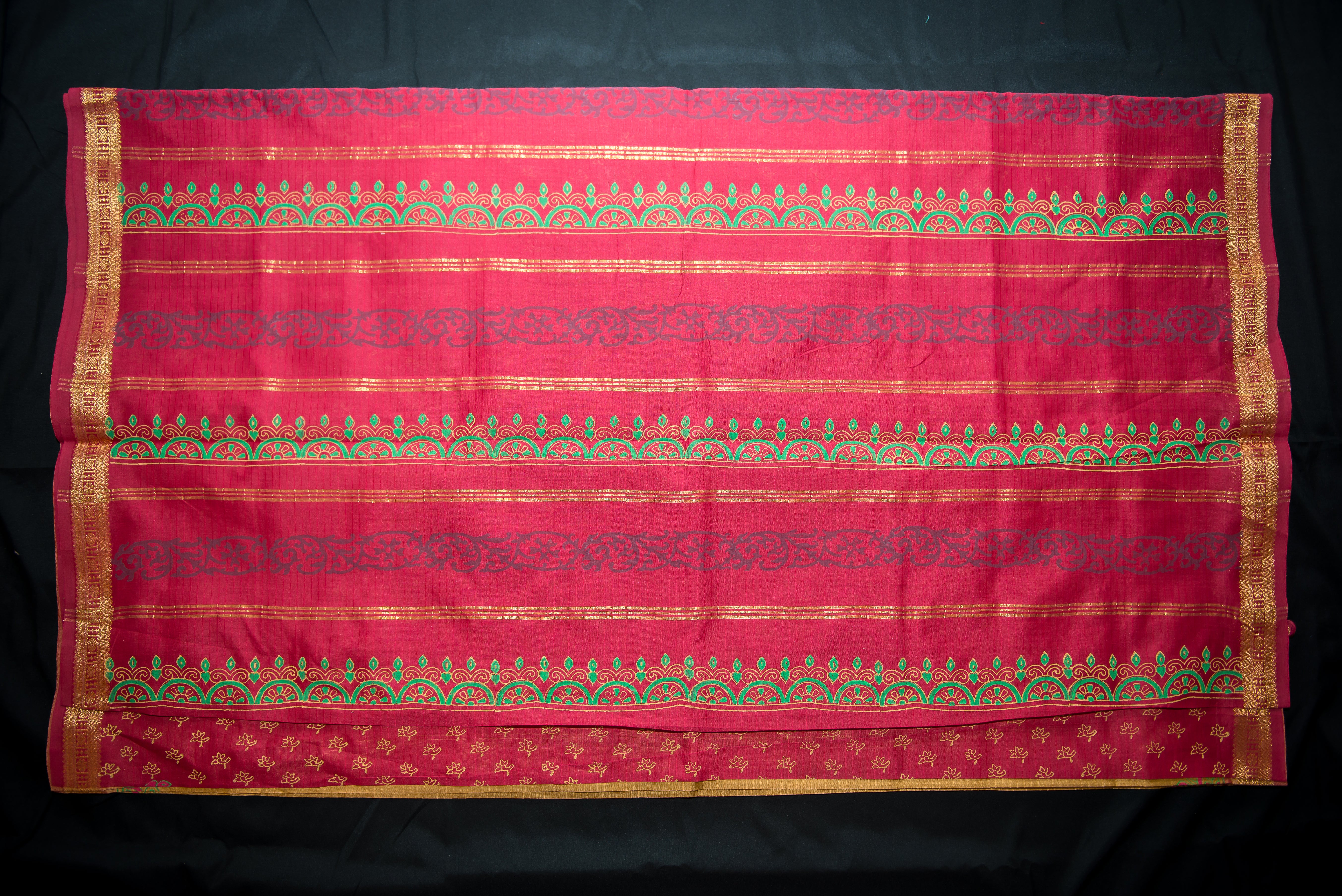 Biscuit Colored Blockprint Silk Cotton Saree with Red Pallu