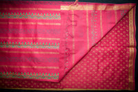 Biscuit Colored Blockprint Silk Cotton Saree with Red Pallu