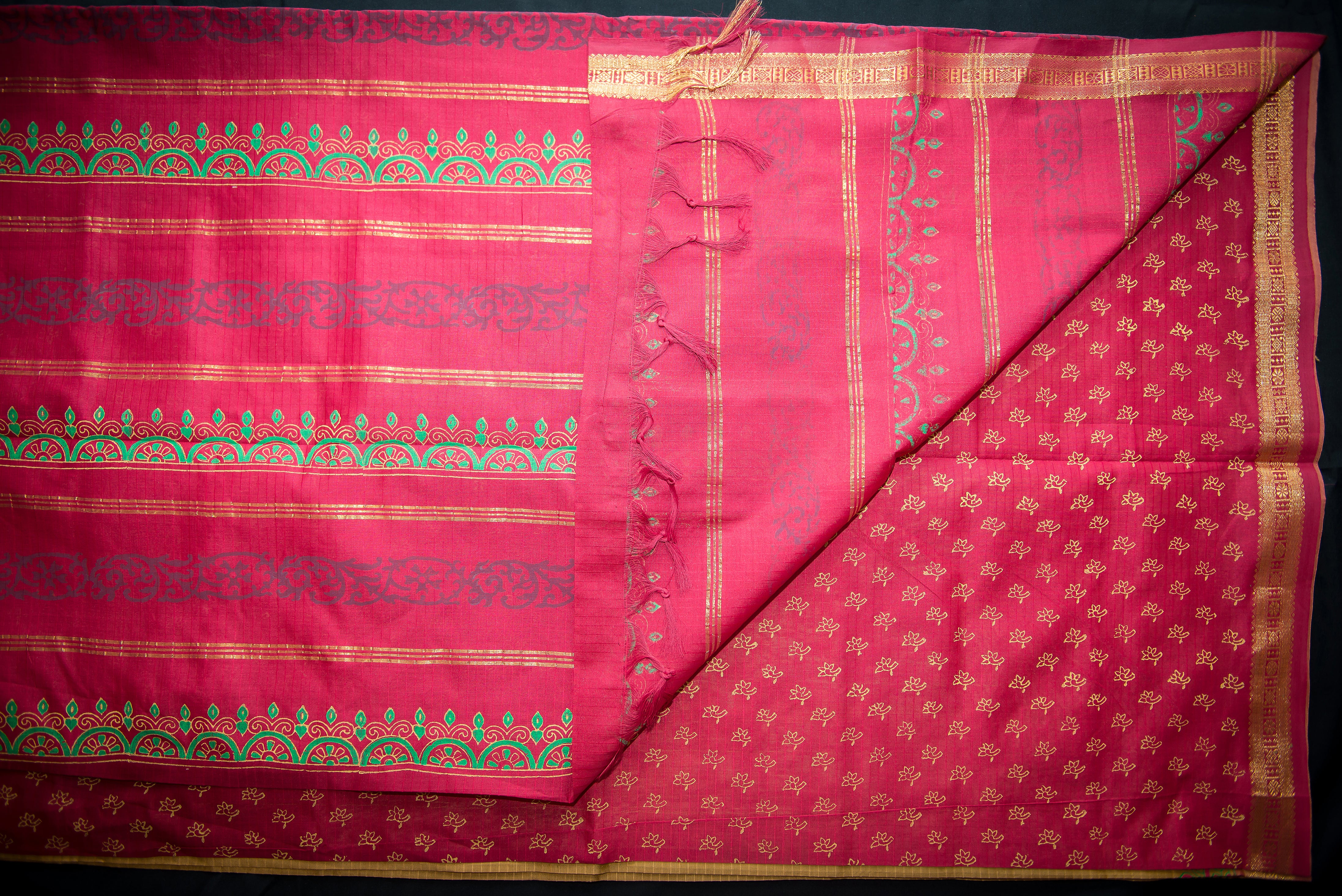 Biscuit Colored Blockprint Silk Cotton Saree with Red Pallu