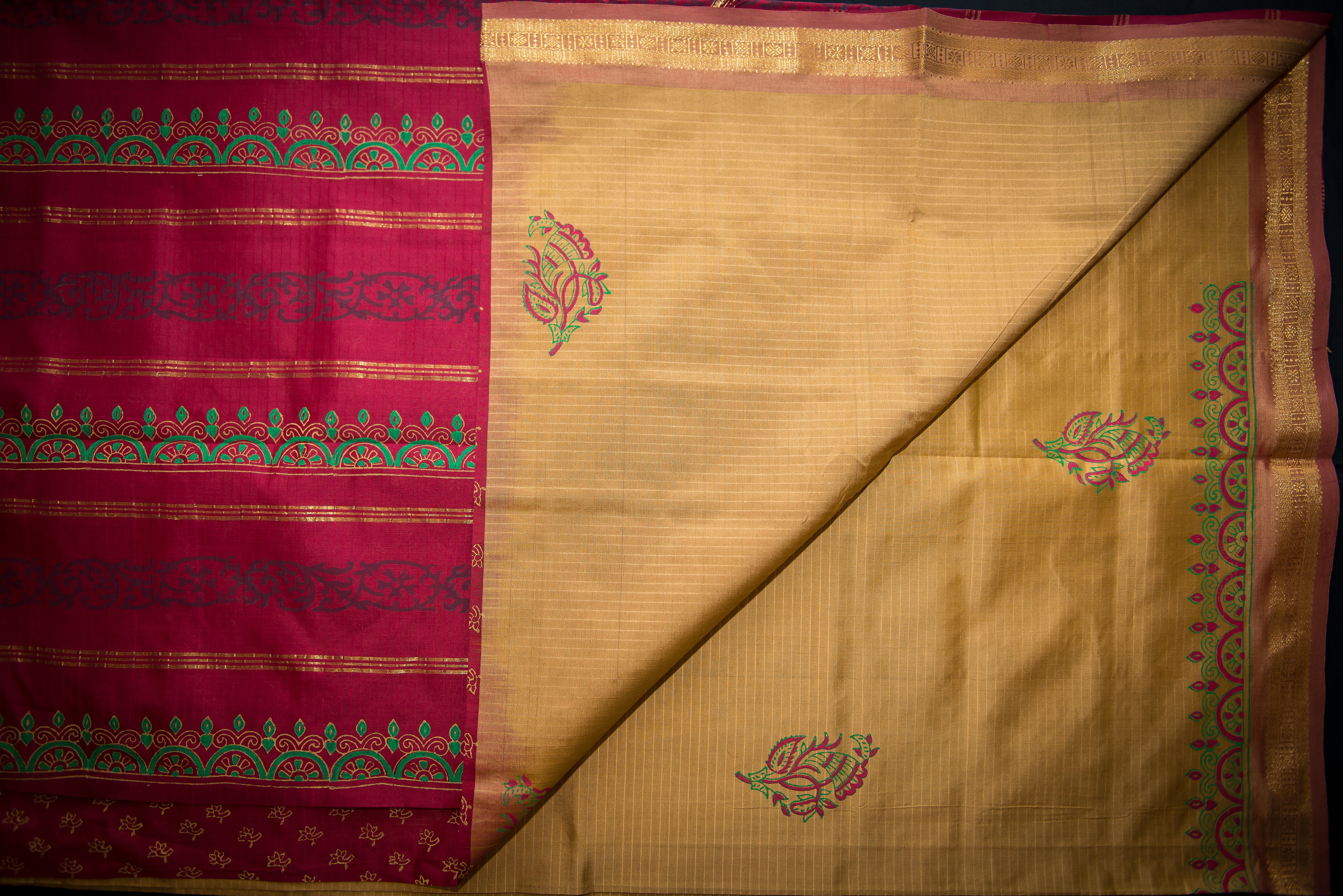Biscuit Colored Blockprint Silk Cotton Saree with Red Pallu
