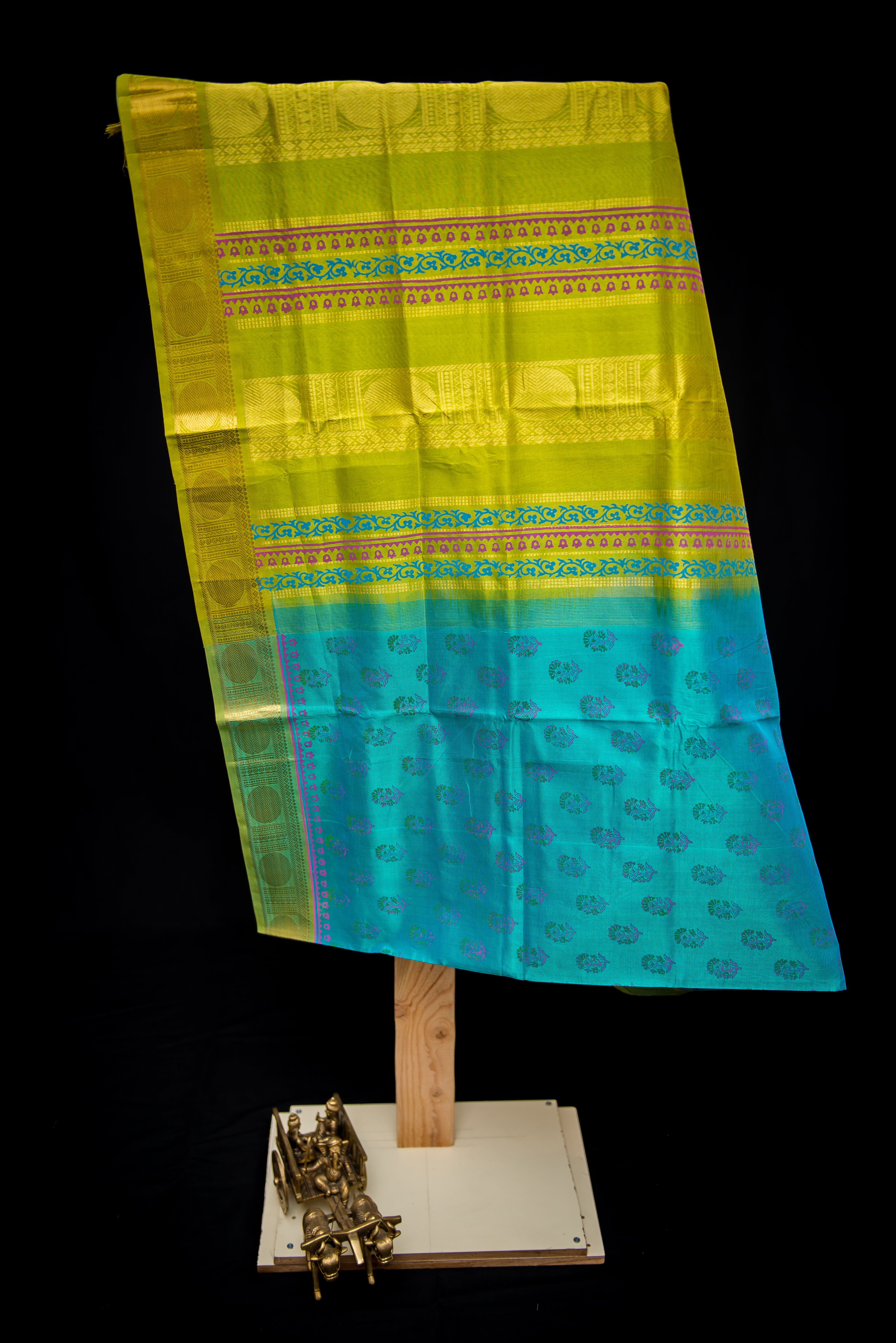 Aqua Blockprint Silk Cotton Saree with an Ombre Chartreuse Pallu