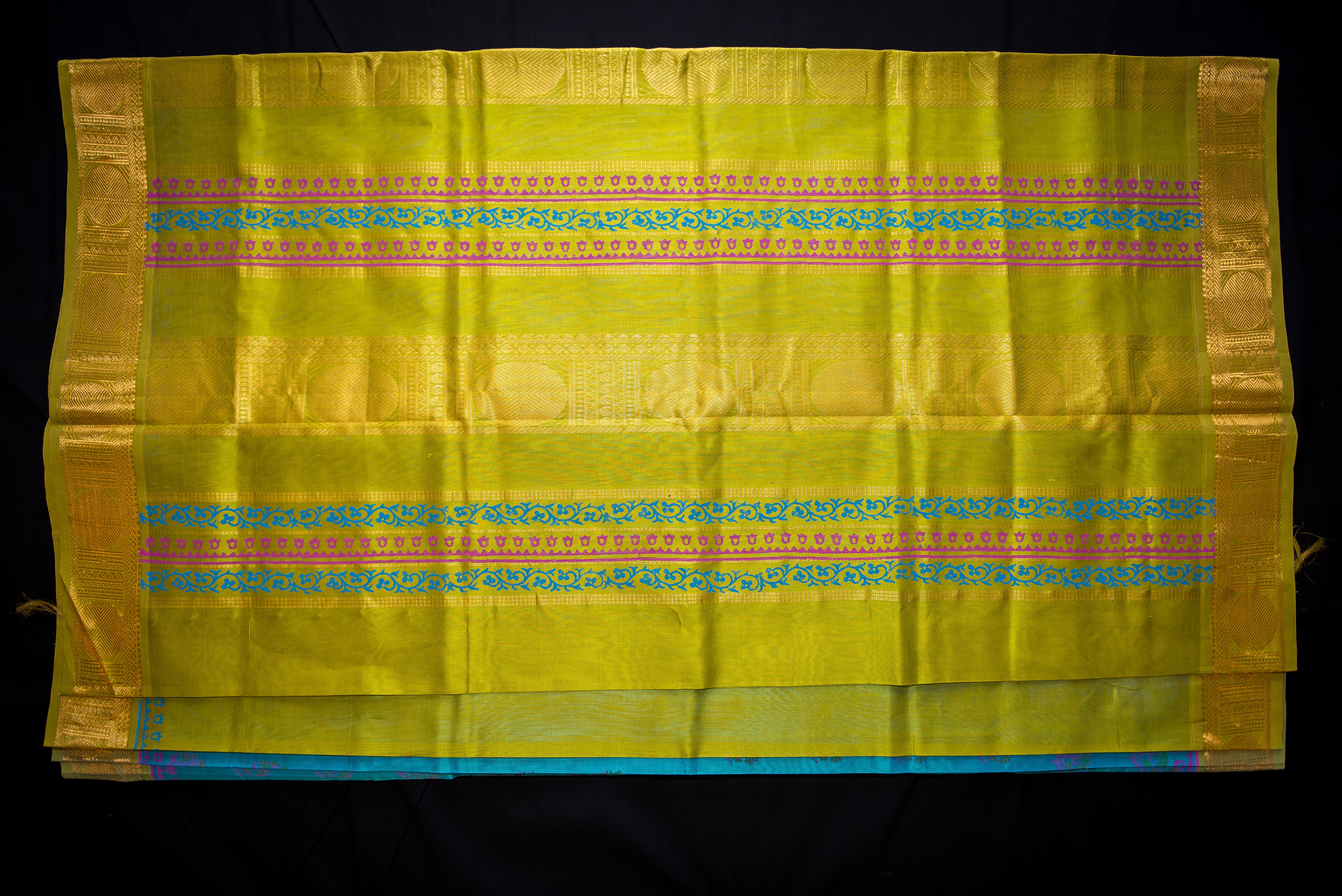 Aqua Blockprint Silk Cotton Saree with an Ombre Chartreuse Pallu