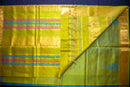 Aqua Blockprint Silk Cotton Saree with an Ombre Chartreuse Pallu