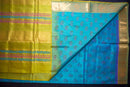 Aqua Blockprint Silk Cotton Saree with an Ombre Chartreuse Pallu