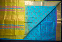 Aqua Blockprint Silk Cotton Saree with an Ombre Chartreuse Pallu