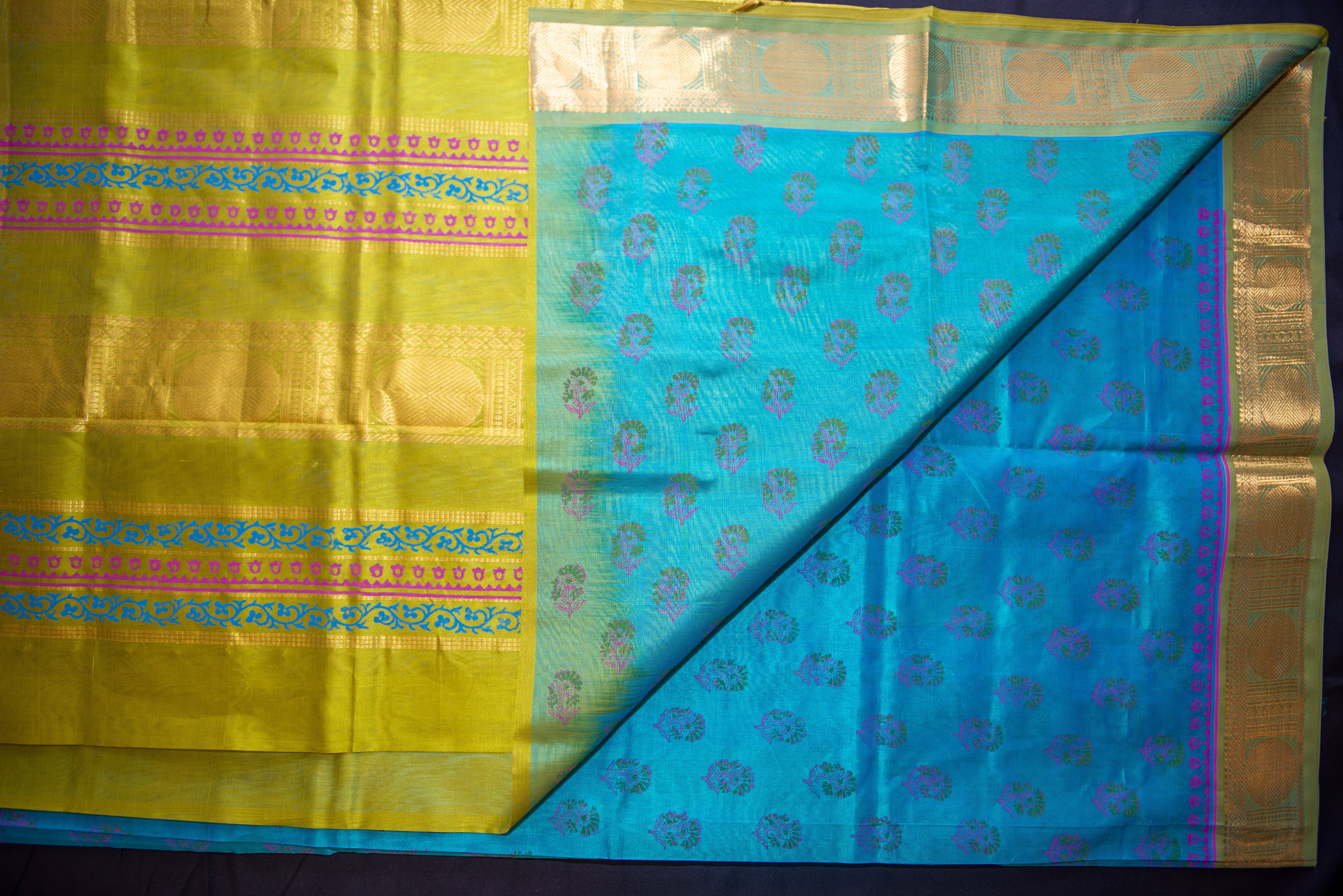 Aqua Blockprint Silk Cotton Saree with an Ombre Chartreuse Pallu