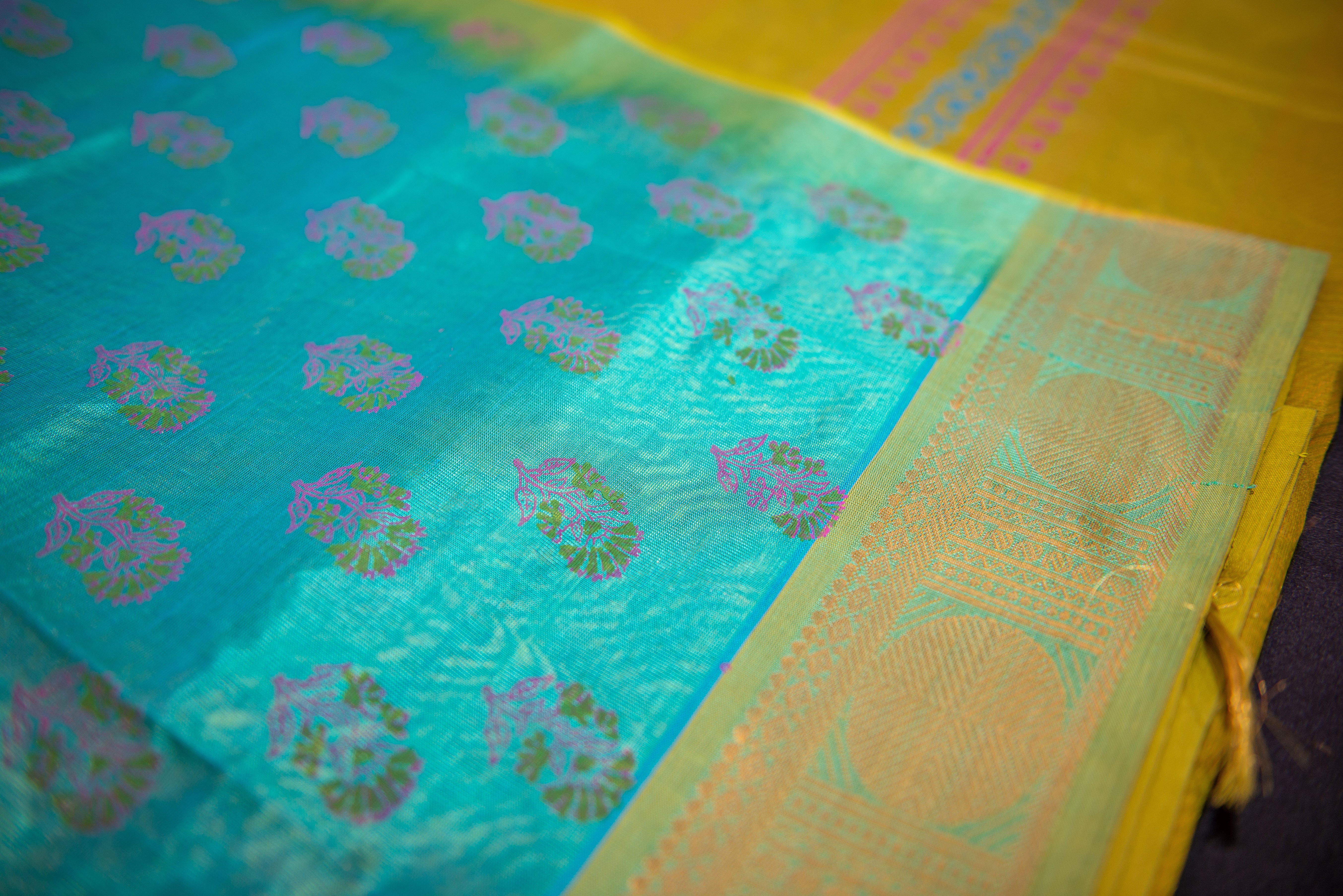 Aqua Blockprint Silk Cotton Saree with an Ombre Chartreuse Pallu
