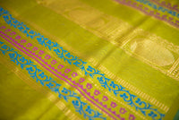 Aqua Blockprint Silk Cotton Saree with an Ombre Chartreuse Pallu
