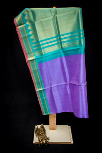 Ombre Lilac and Teal Silk Cotton Saree with Temple Zari Pallu