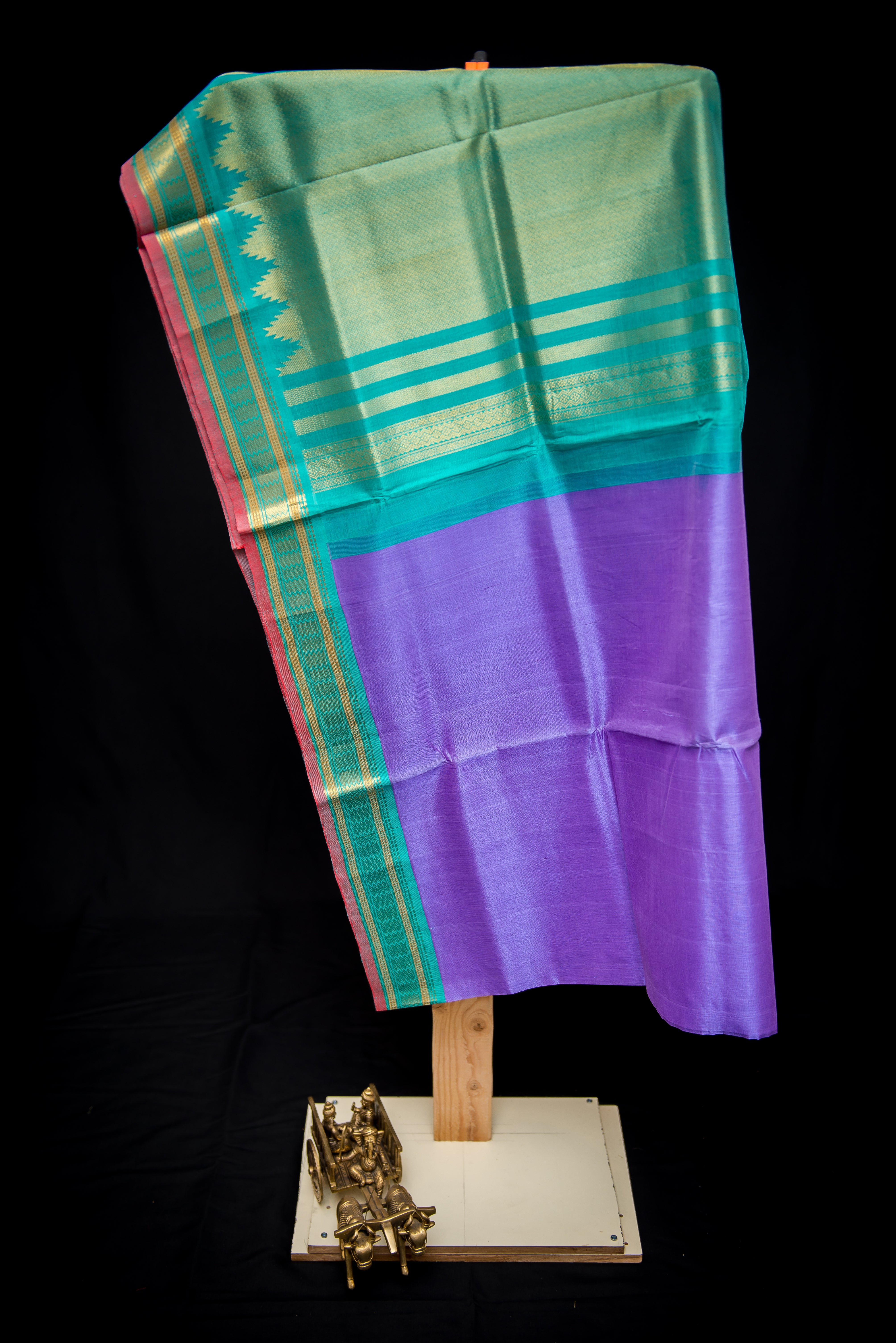 Ombre Lilac and Teal Silk Cotton Saree with Temple Zari Pallu