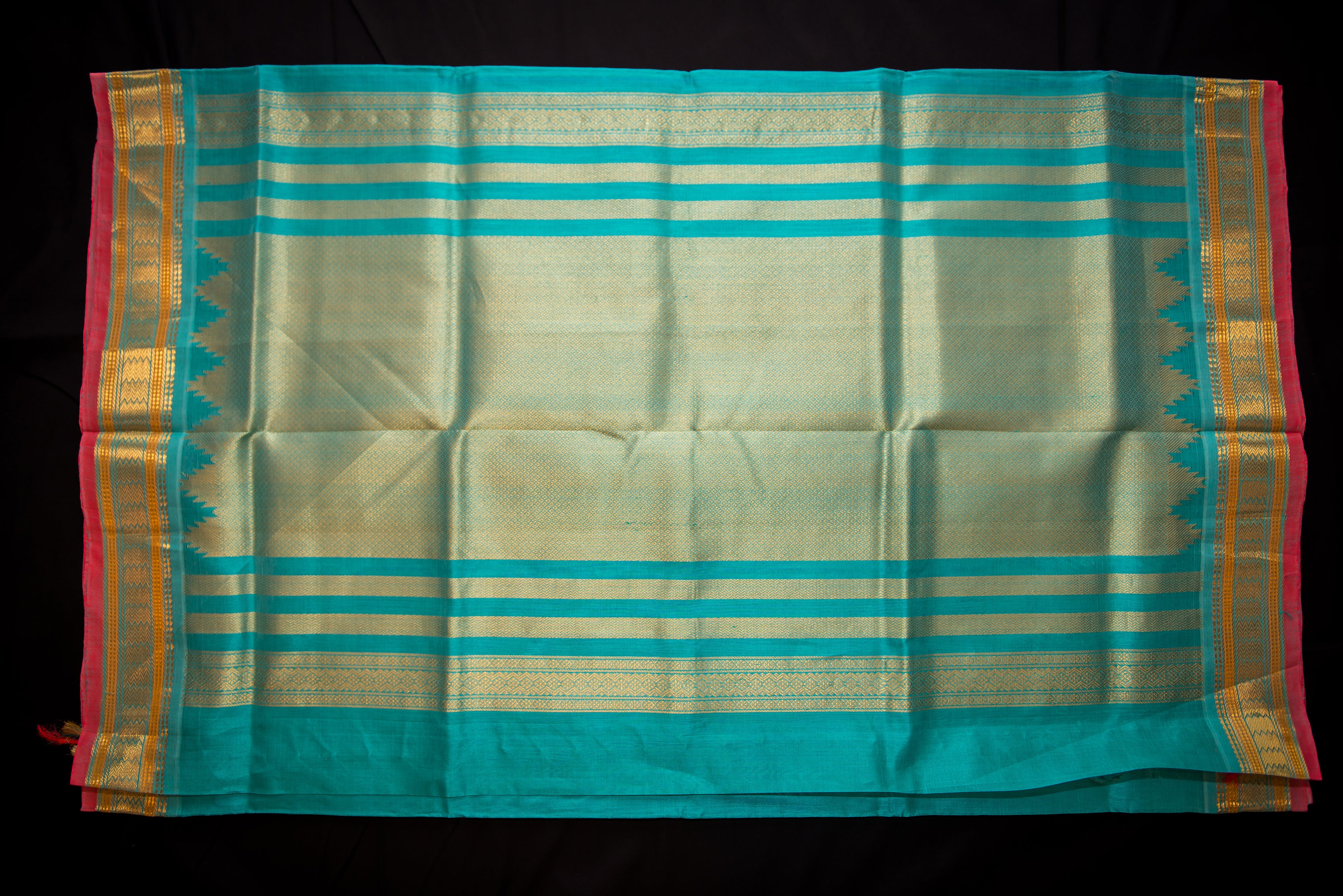 Ombre Lilac and Teal Silk Cotton Saree with Temple Zari Pallu