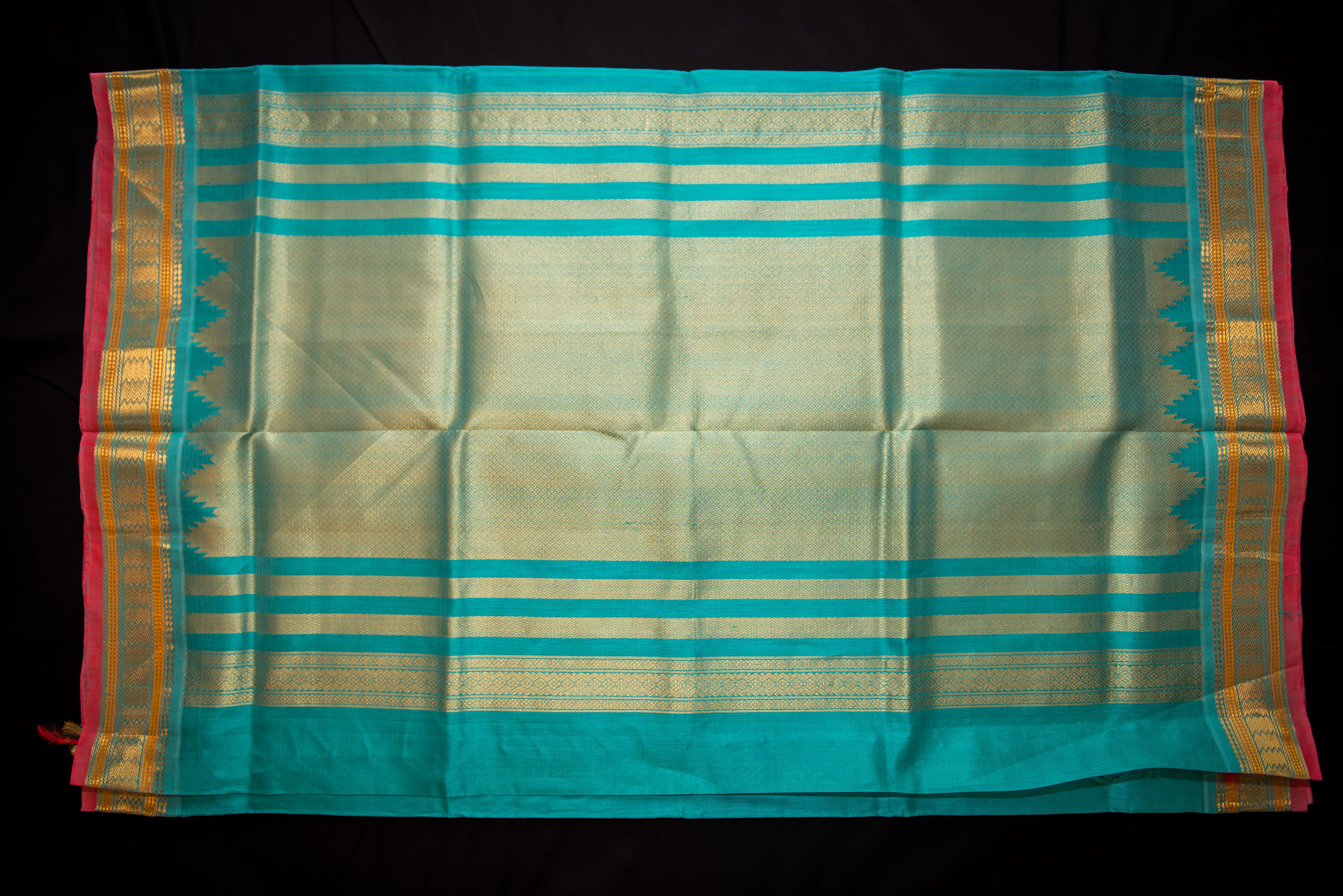 Ombre Lilac and Teal Silk Cotton Saree with Temple Zari Pallu