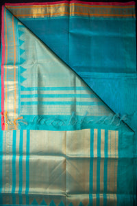 Ombre Lilac and Teal Silk Cotton Saree with Temple Zari Pallu