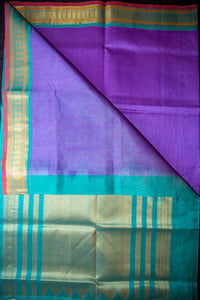 Ombre Lilac and Teal Silk Cotton Saree with Temple Zari Pallu