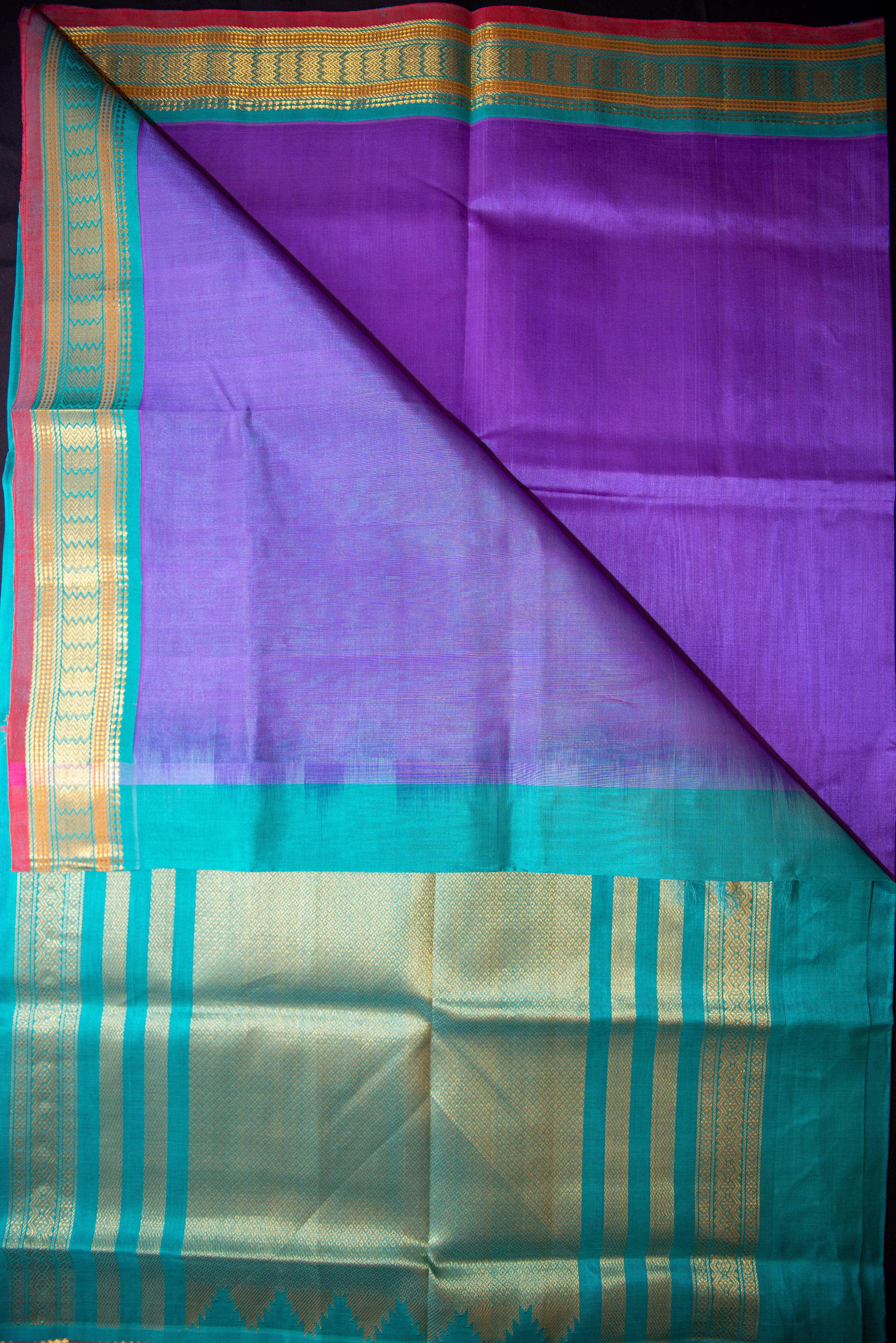 Ombre Lilac and Teal Silk Cotton Saree with Temple Zari Pallu