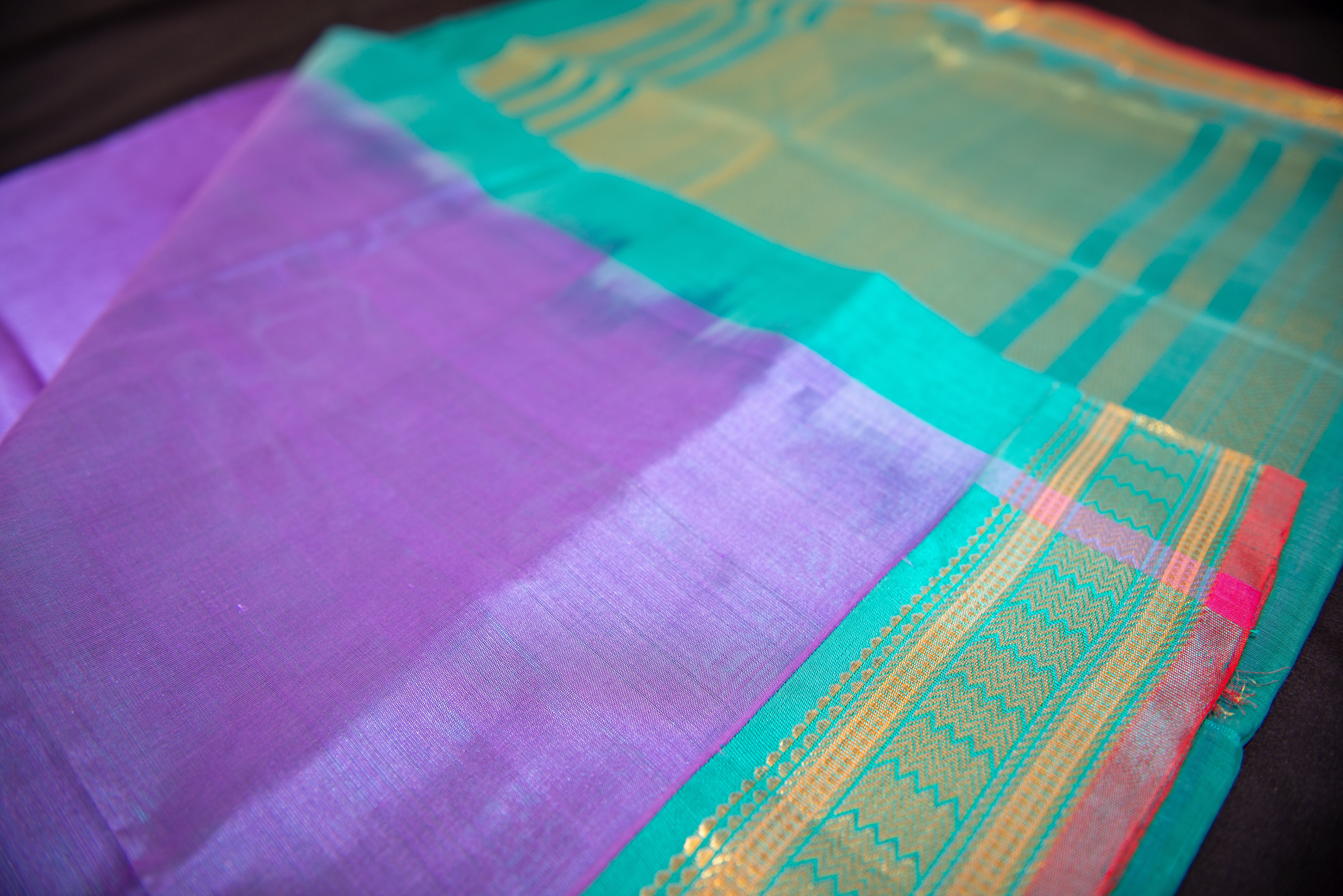 Ombre Lilac and Teal Silk Cotton Saree with Temple Zari Pallu