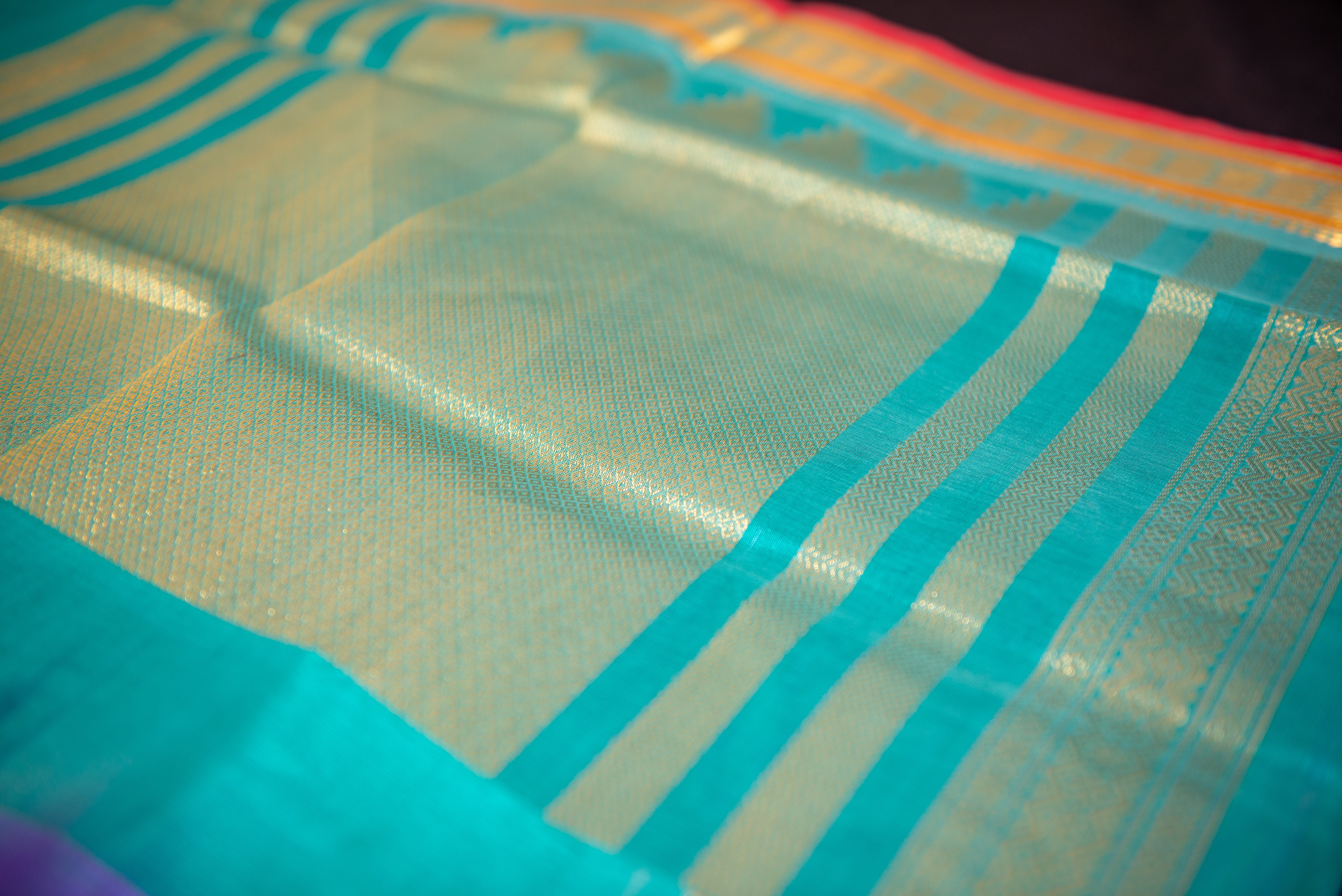 Ombre Lilac and Teal Silk Cotton Saree with Temple Zari Pallu