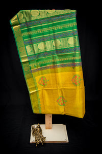 Vibrant Golden-Yellow and Green Pure Blockprint Silk Cotton Saree