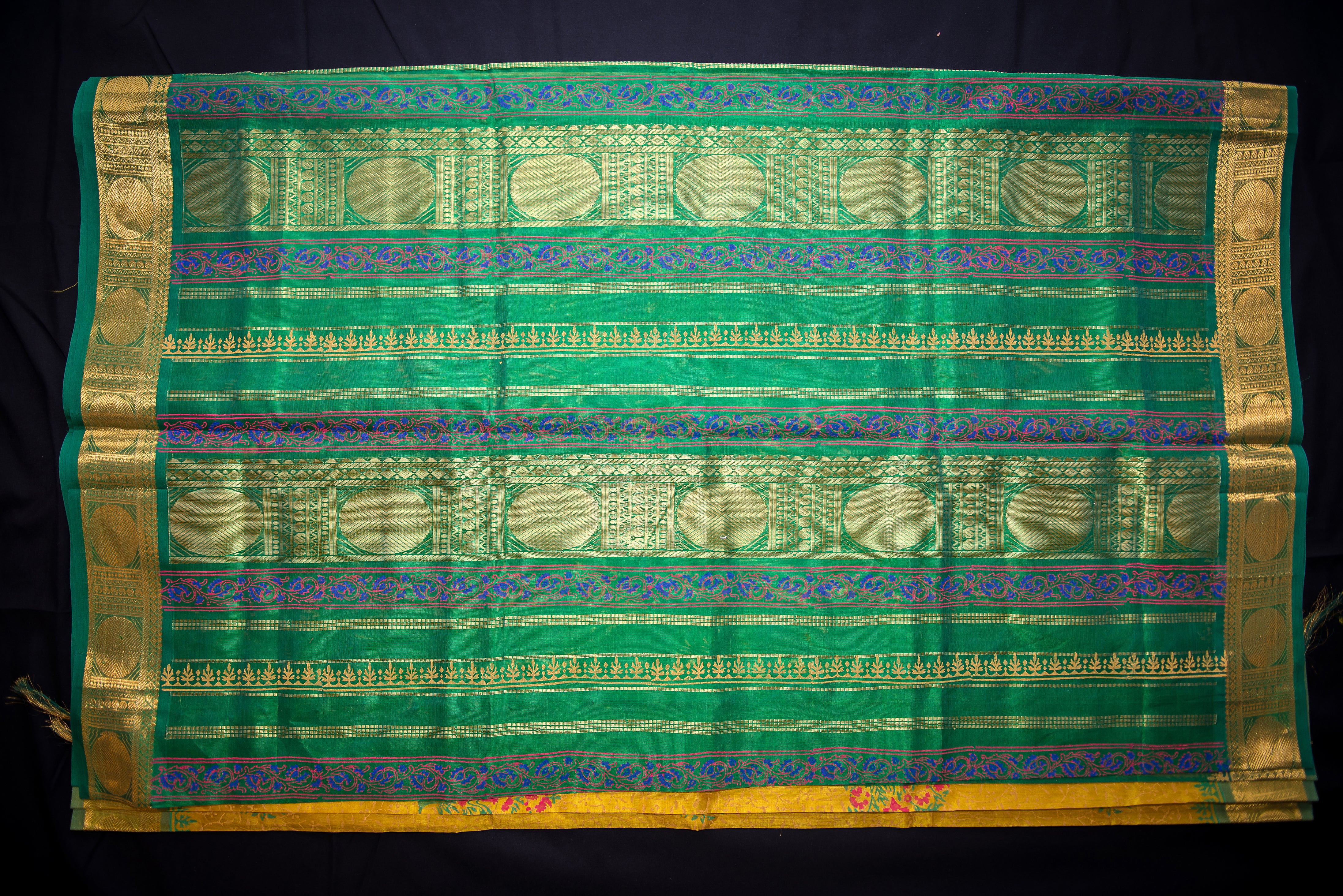 Vibrant Golden-Yellow and Green Pure Blockprint Silk Cotton Saree