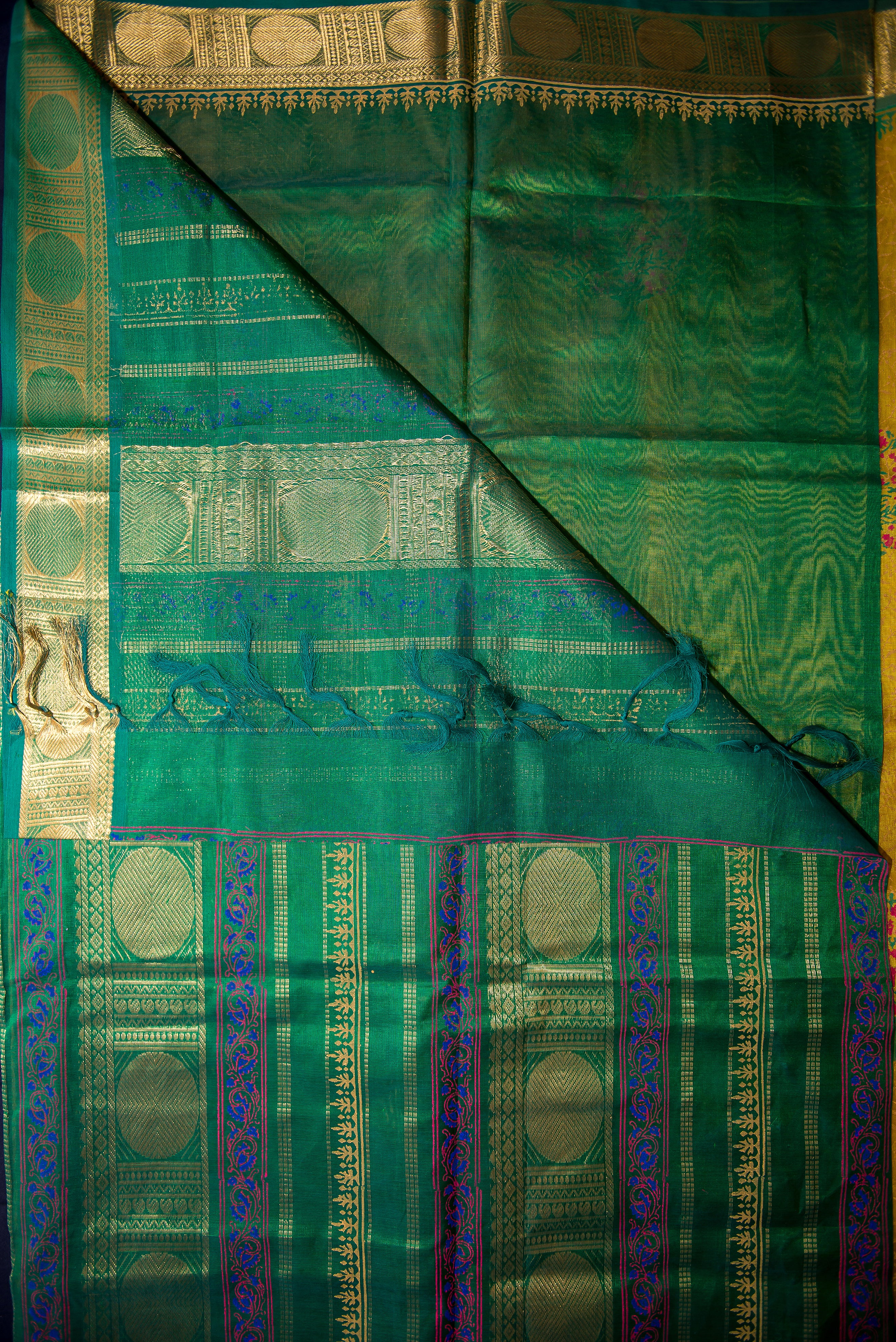 Vibrant Golden-Yellow and Green Pure Blockprint Silk Cotton Saree
