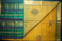 Vibrant Golden-Yellow and Green Pure Blockprint Silk Cotton Saree