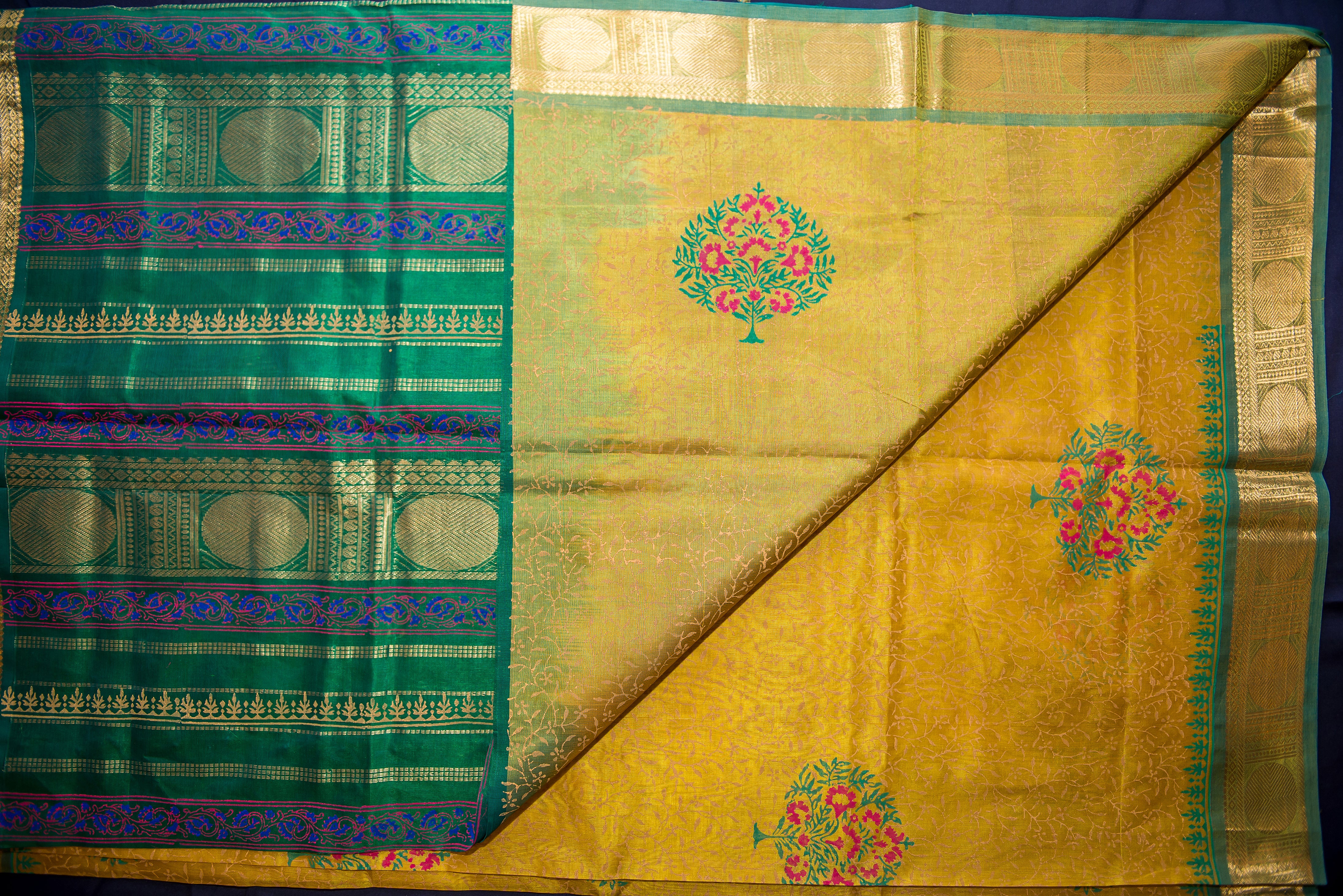 Vibrant Golden-Yellow and Green Pure Blockprint Silk Cotton Saree