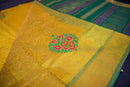Vibrant Golden-Yellow and Green Pure Blockprint Silk Cotton Saree