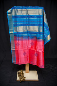 Pink-Red Silk Cotton Blockprint Saree with a Bright Blue Pallu