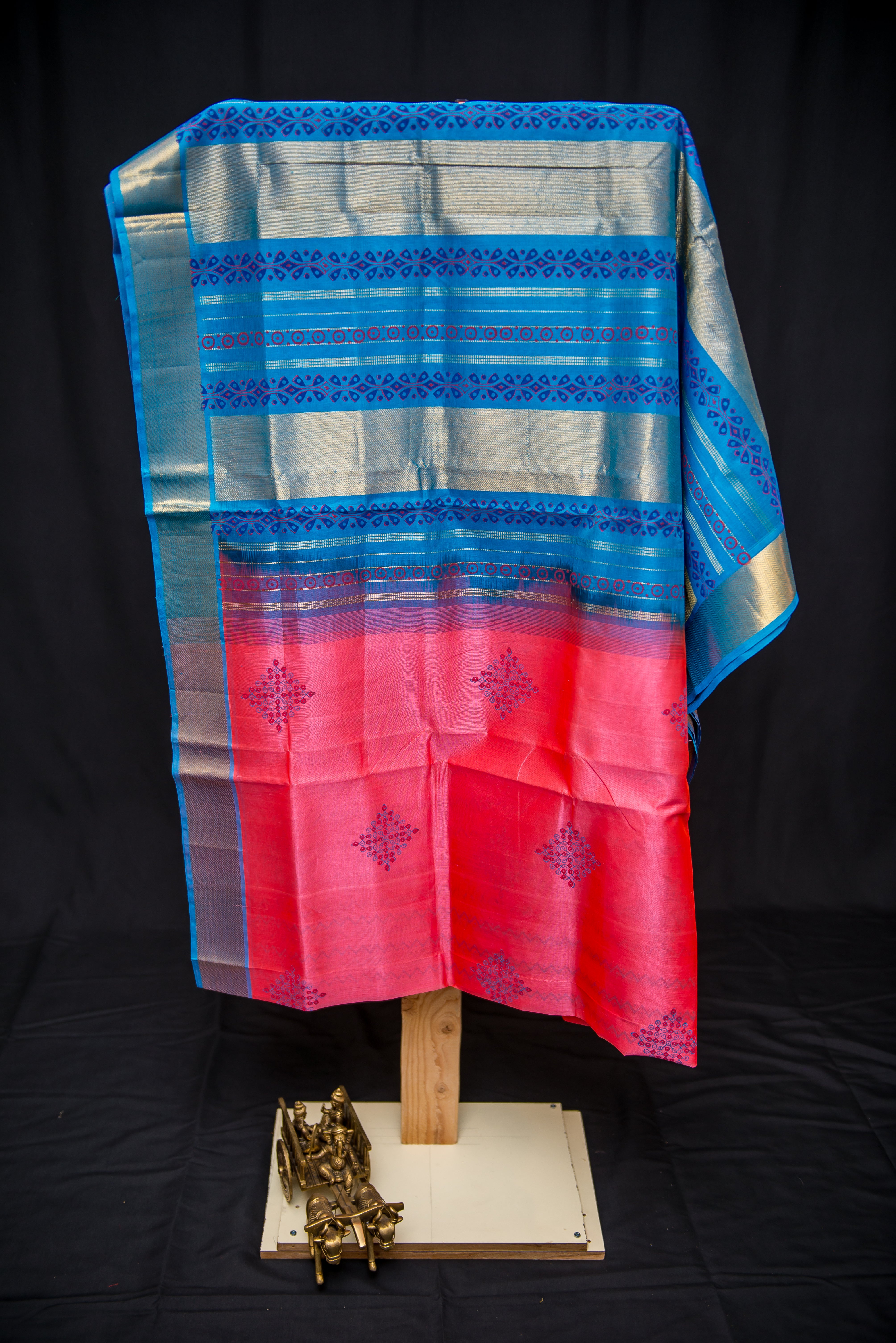 Pink-Red Silk Cotton Blockprint Saree with a Bright Blue Pallu