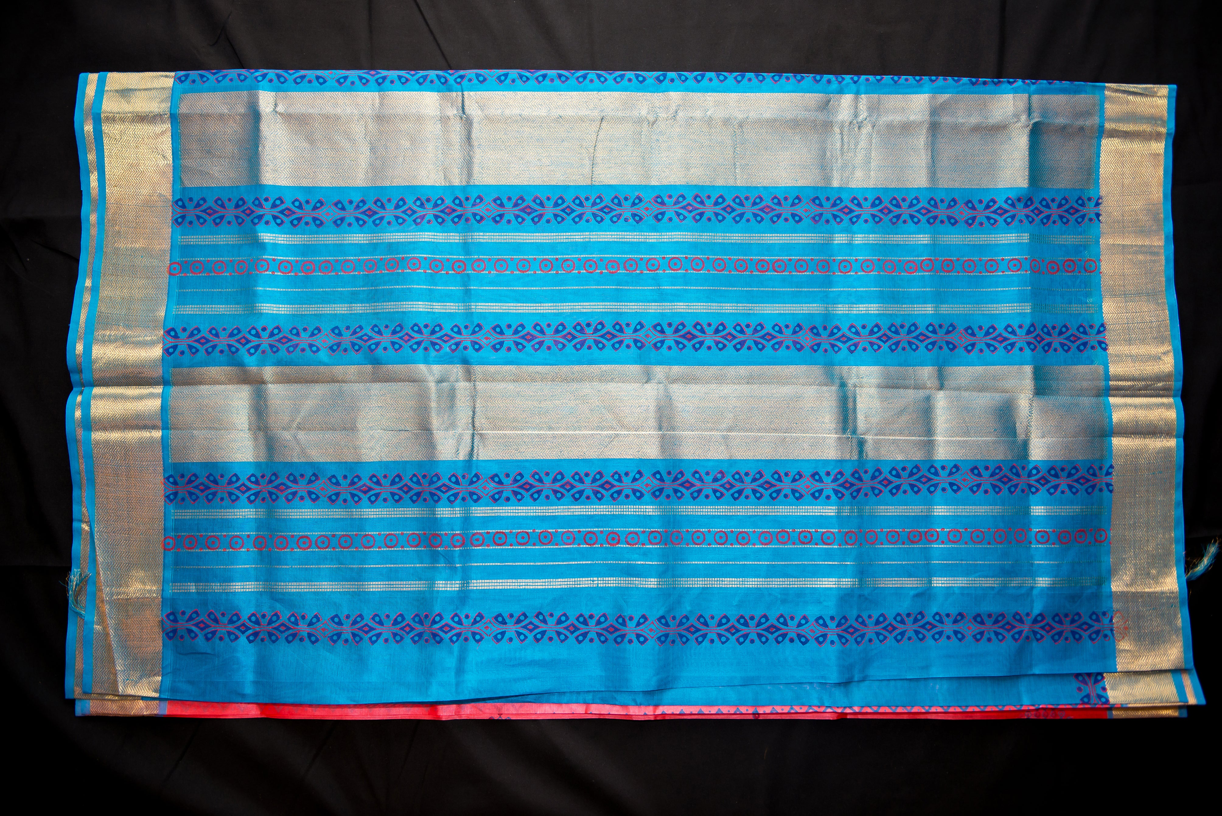 Pink-Red Silk Cotton Blockprint Saree with a Bright Blue Pallu